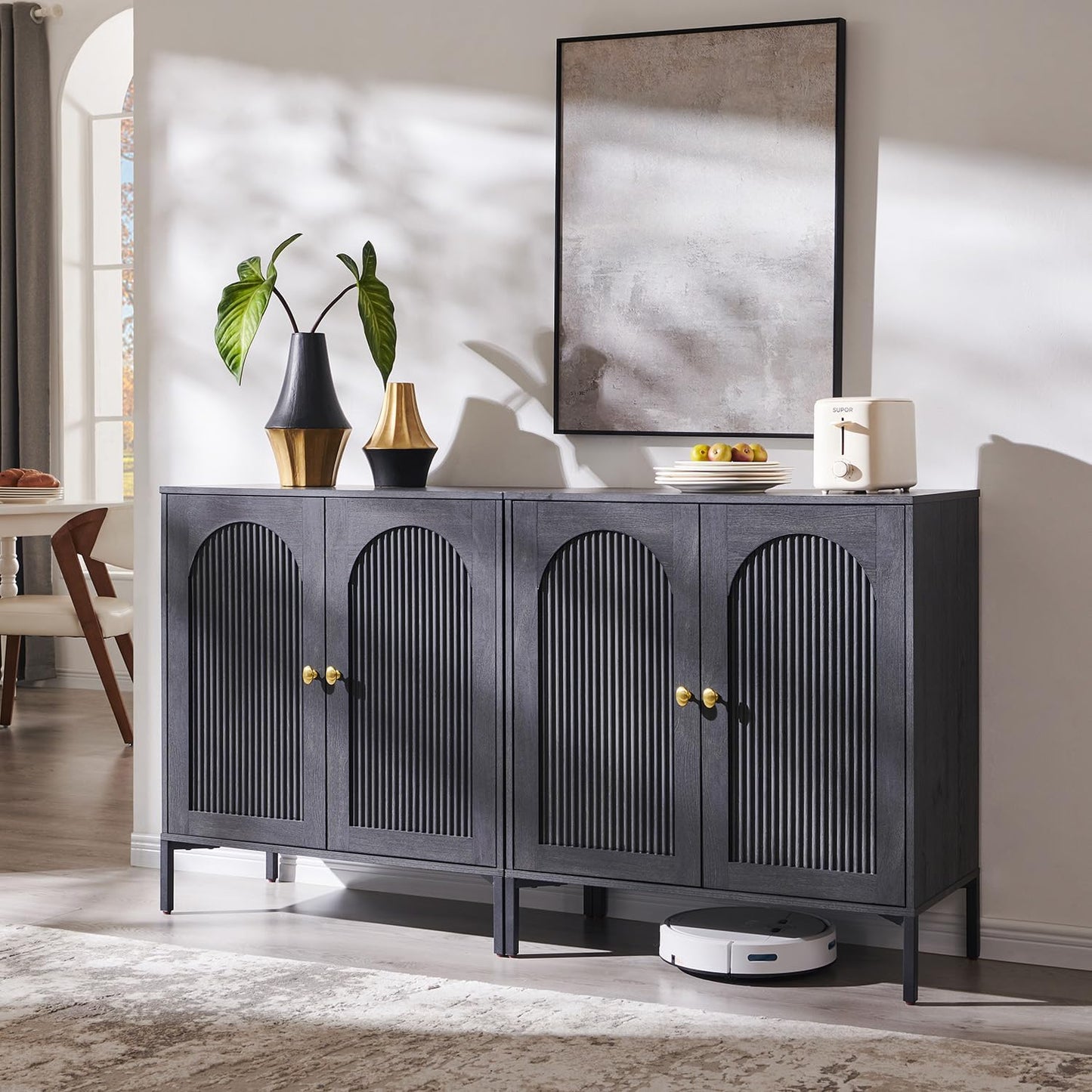 Modern Buffet Cabinet with Storage, 61.75" W Fluted Arched Sideboard Cabinet W/Adjustable Shelves, Wooden Modular Coffee Bar for Dining Room, Kitchen, Living Room, Entryway, Dark Grey