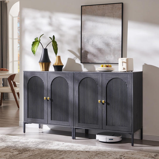 Modern Buffet Cabinet with Storage, 61.75" W Fluted Arched Sideboard Cabinet W/Adjustable Shelves, Wooden Modular Coffee Bar for Dining Room, Kitchen, Living Room, Entryway, Dark Grey