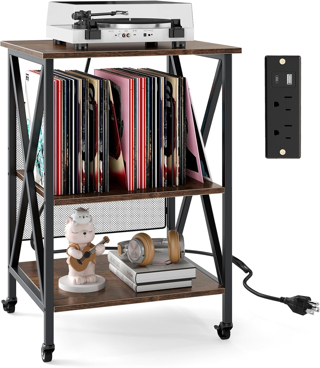 Record Player Stand with Charging Station, Turntable Stand with Adjustable Shelf, 4 Rolling Wheels, 3-Tier End Table Vinyl Record Storage Table for Living Room, Bedroom, Rustic Brown