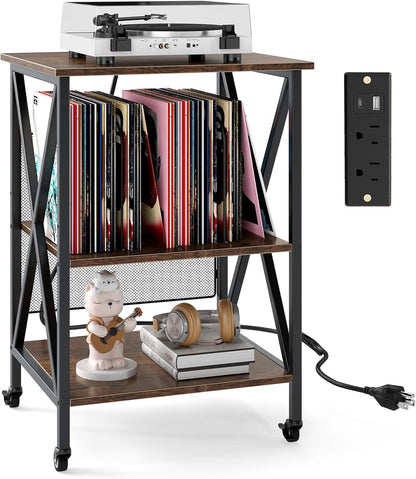 Record Player Stand with Charging Station, Turntable Stand with Adjustable Shelf, 4 Rolling Wheels, 3-Tier End Table Vinyl Record Storage Table for Living Room, Bedroom, Rustic Brown