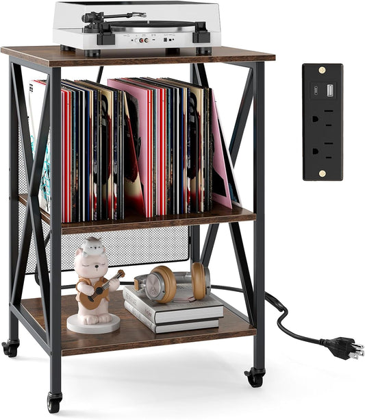 Record Player Stand with Charging Station, Turntable Stand with Adjustable Shelf, 4 Rolling Wheels, 3-Tier End Table Vinyl Record Storage Table for Living Room, Bedroom, Rustic Brown