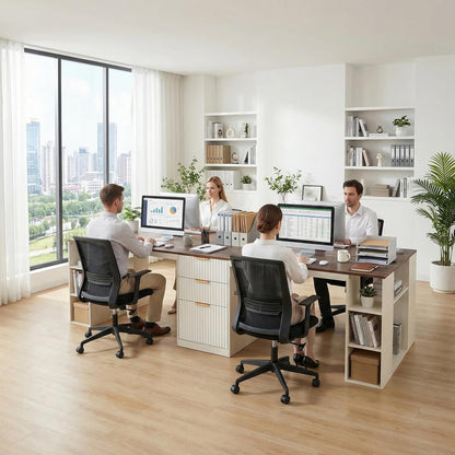 96.5" 2 Person Desk with Power Outlet & USB Ports, Double Computer Desk with Drawers & Storage Shelves, Modern Fluted Home Office Desk, White