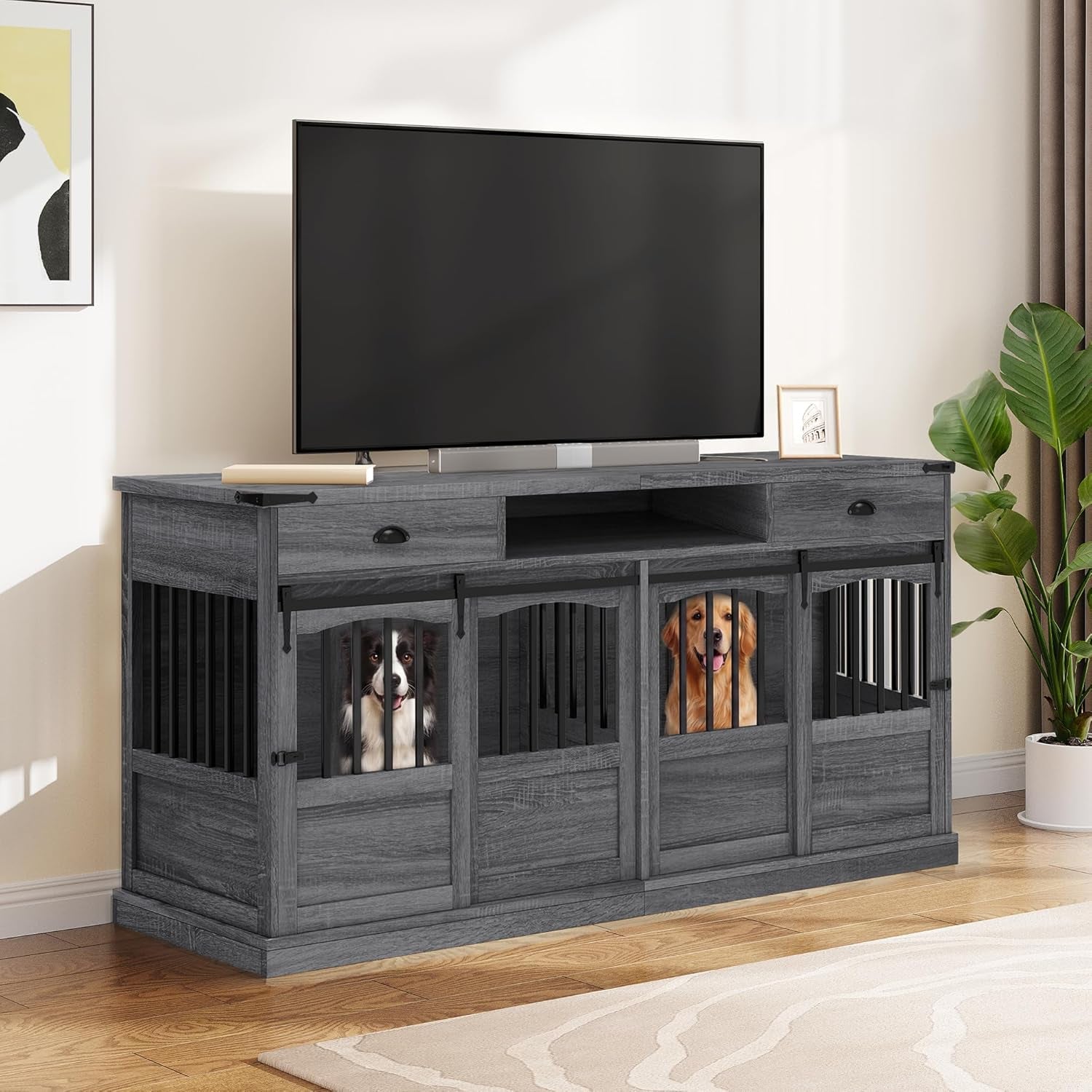 72" Double Dog Crate Furniture with Storage for 2 Medium Large Dogs Farmhouse Wooden Dog Kennel Furniture with 2 Sliding Doors Divider & Power Outlet Decorative Dog Cage TV Stand Grey