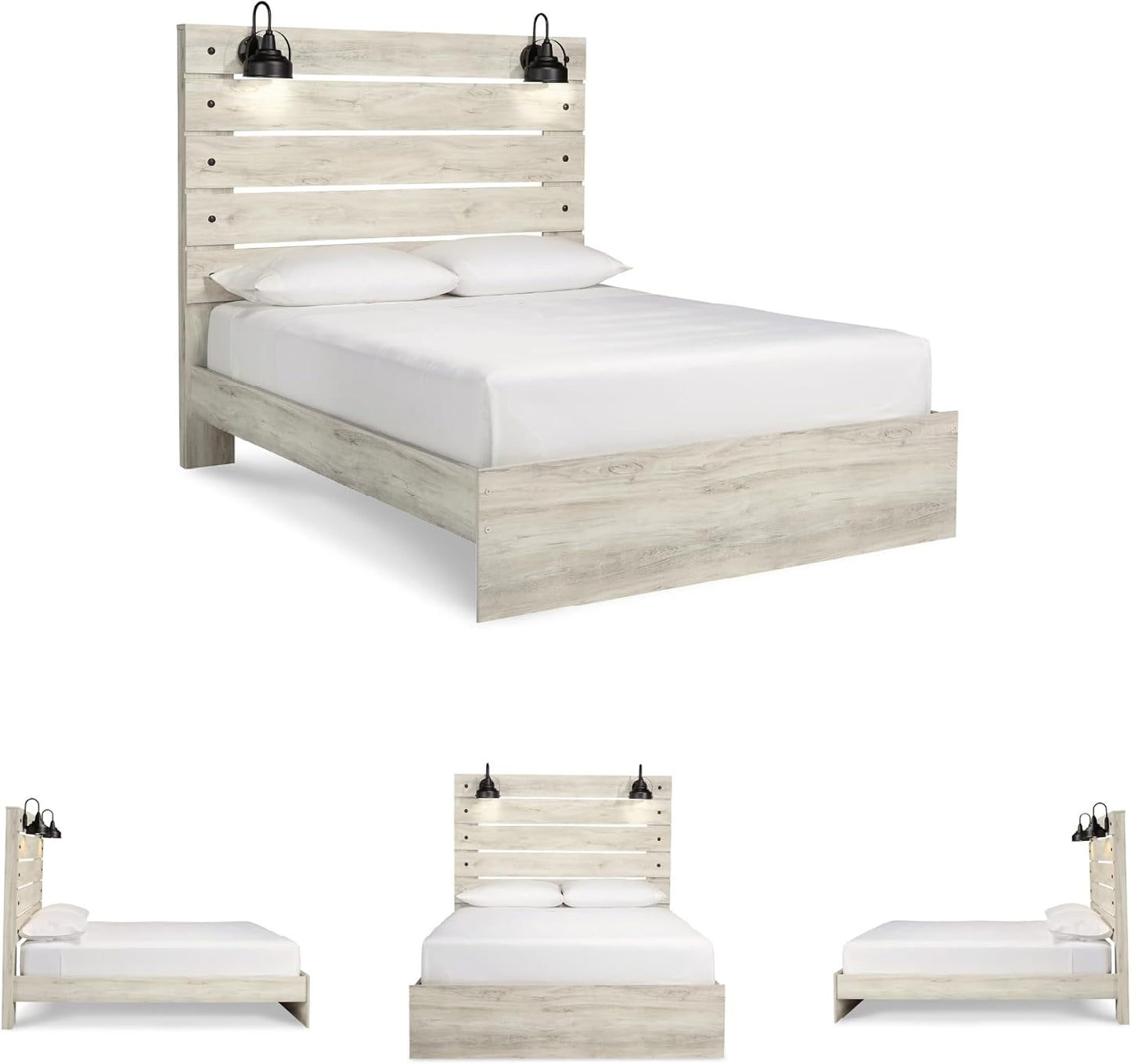 Cambeck Farmhouse Queen Panel Bed with Sconce Lights and USB Ports, Foundation or Box Spring Needed, Whitewash