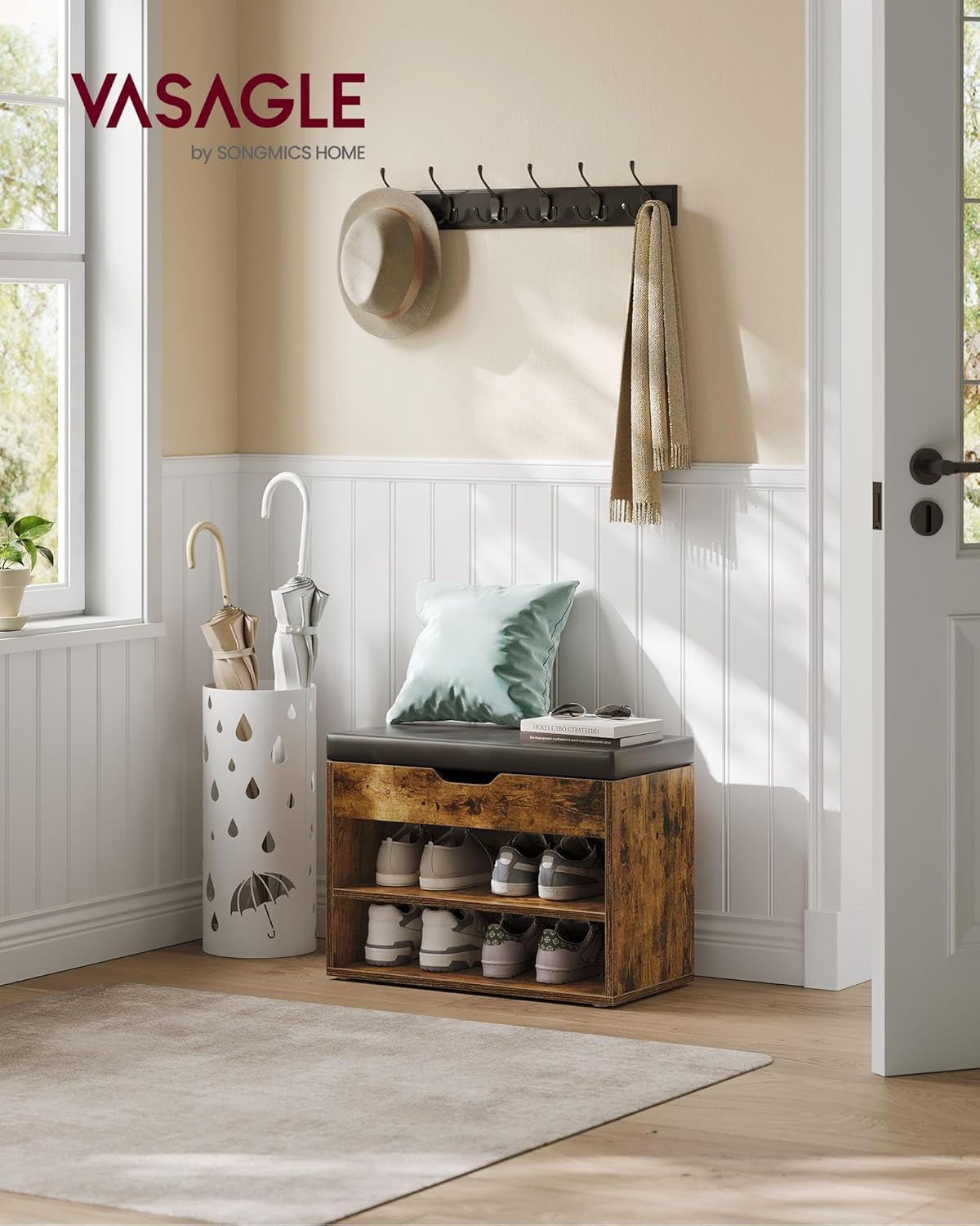 Shoe Bench with Cushion, Storage Bench with Padded Seat, Entryway Bench with 3 Storage Compartments, 11.8 X 23.6 X 17.3 Inches, for Bedroom, Living Room, Rustic Brown ULHS020K03