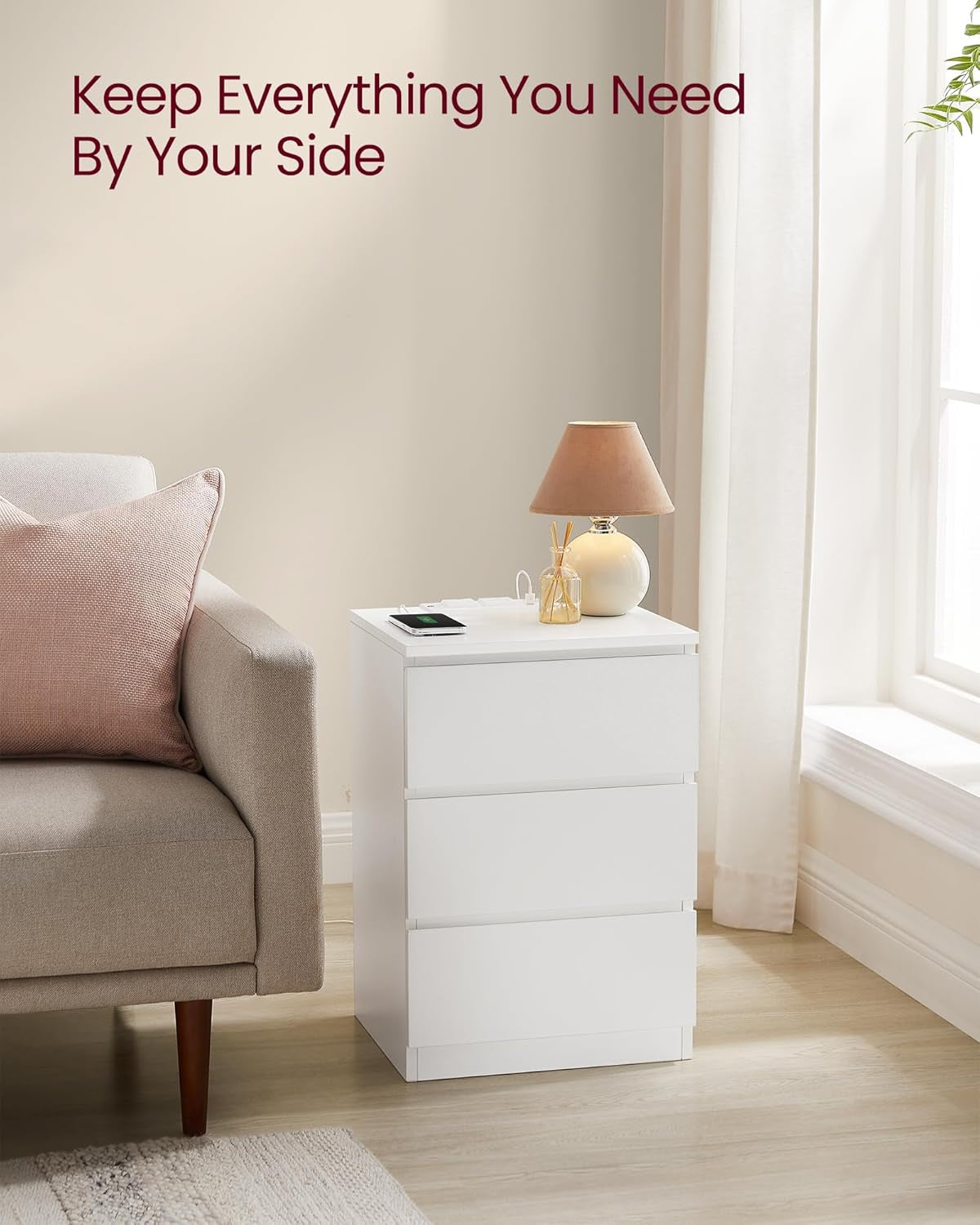 Nightstand with Charging Station, 2 AC Outlets and 2 USB Ports, Bedside Table, Side Table with 3 Drawers, Modern Style, 13.8 X 15.7 X 23.2 Inches, Cloud White ULET631W16