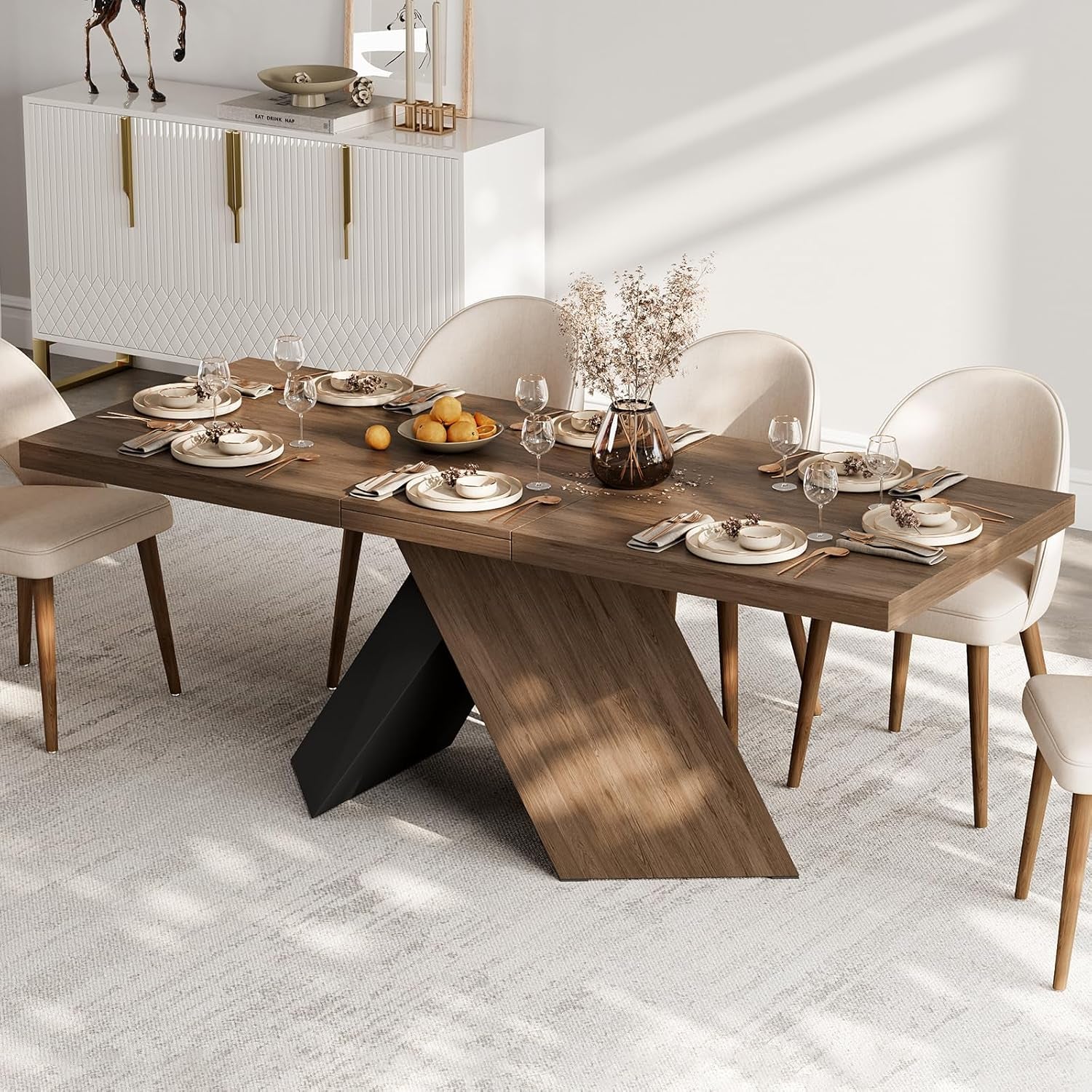 Extendable Dining Table with Walnut Finish, Modern Rectangle Kitchen Table W/Pedestal Base, Seats 6-8 (Walnut, 63"-79" (Seats 6-8))