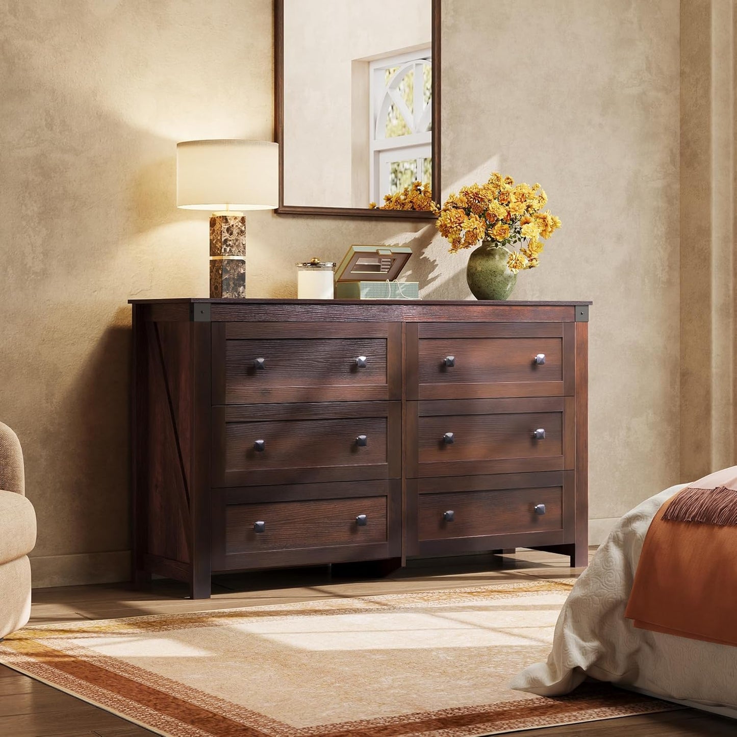Farmhouse 6 Drawer Dresser for Bedroom, 53.07'' Wide Wood Dresser, Storage Organizer with Double Rustic Handle, TV Stand for 60 Inch TV, Chest of Drawers for Living Room, Hallway, Brown
