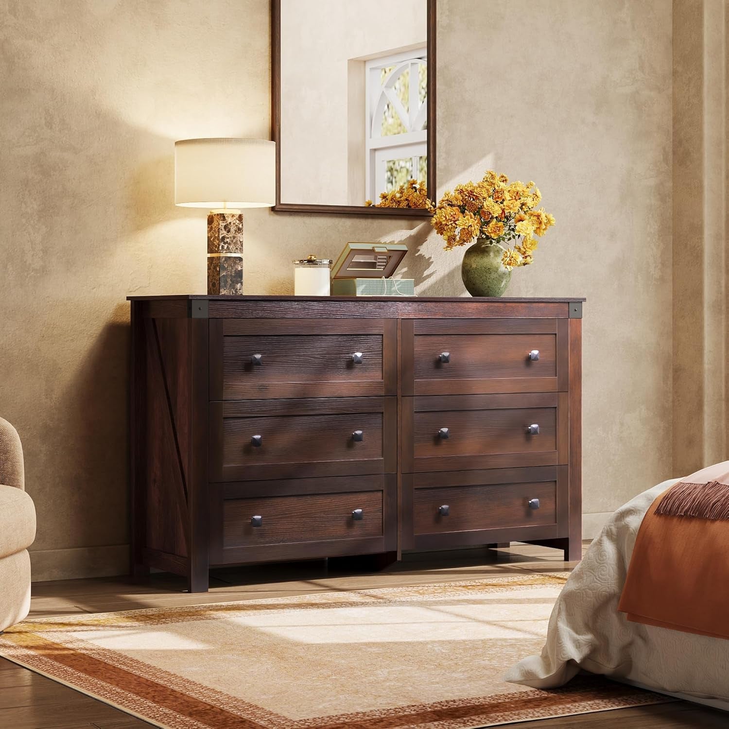 Farmhouse 6 Drawer Dresser for Bedroom, 53.07'' Wide Wood Dresser, Storage Organizer with Double Rustic Handle, TV Stand for 60 Inch TV, Chest of Drawers for Living Room, Hallway, Brown