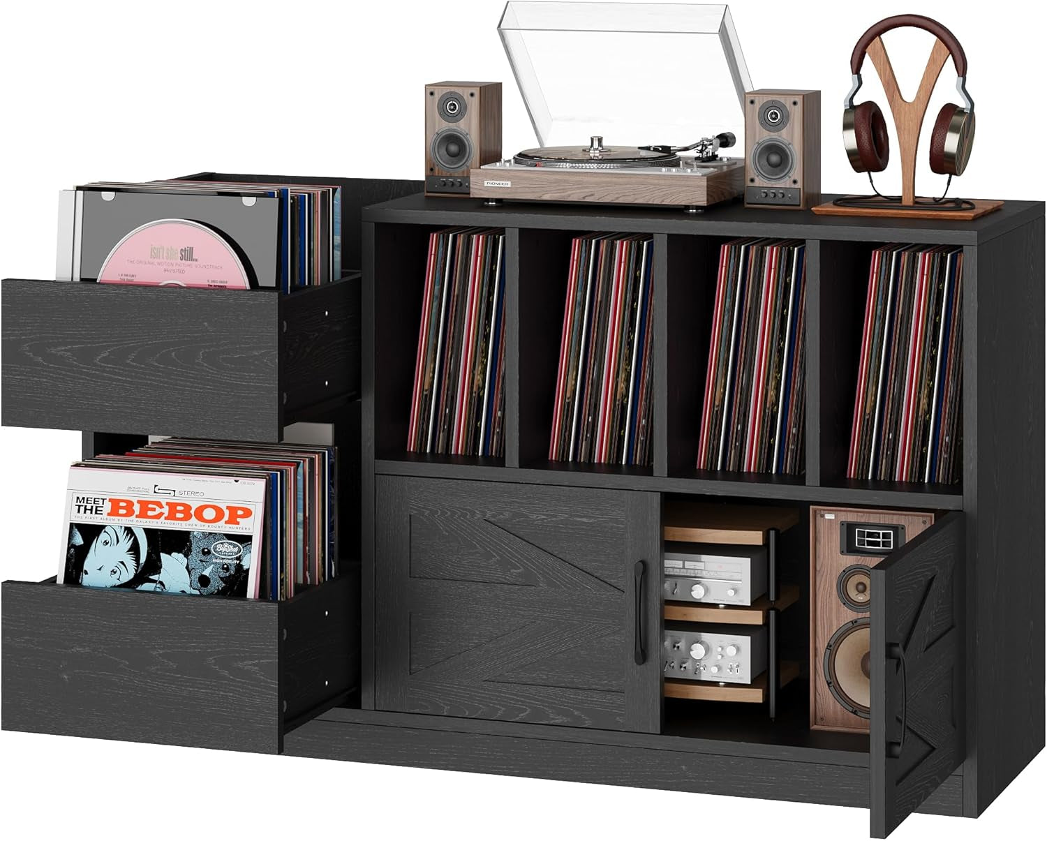 Record Player Stand, Vinyl Record Player Table with Storage Cabinet and Drawers, Mid Century Modern Turntable Stand Holds up to 600+ Albums for Living Room, Music Room, Black