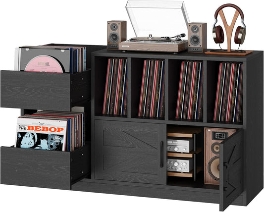 Record Player Stand, Vinyl Record Player Table with Storage Cabinet and Drawers, Mid Century Modern Turntable Stand Holds up to 600+ Albums for Living Room, Music Room, Black