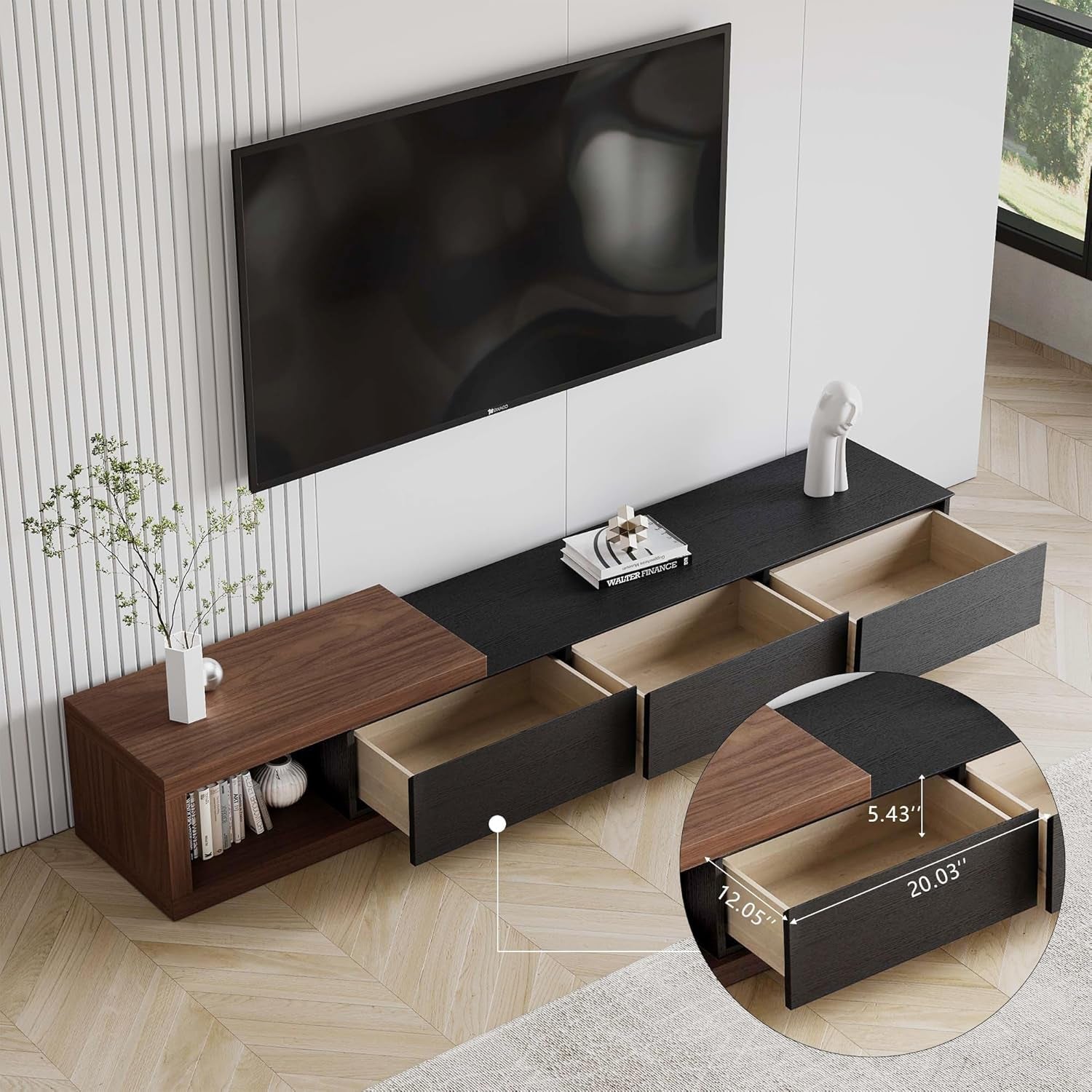 70"-100" Extendable TV Stand with Storage Solid Wood Black TV Media Console Modern Retractable Entertainment Center Low Reversible TV Stand Partial Assembled Walnut & Oak Veneer