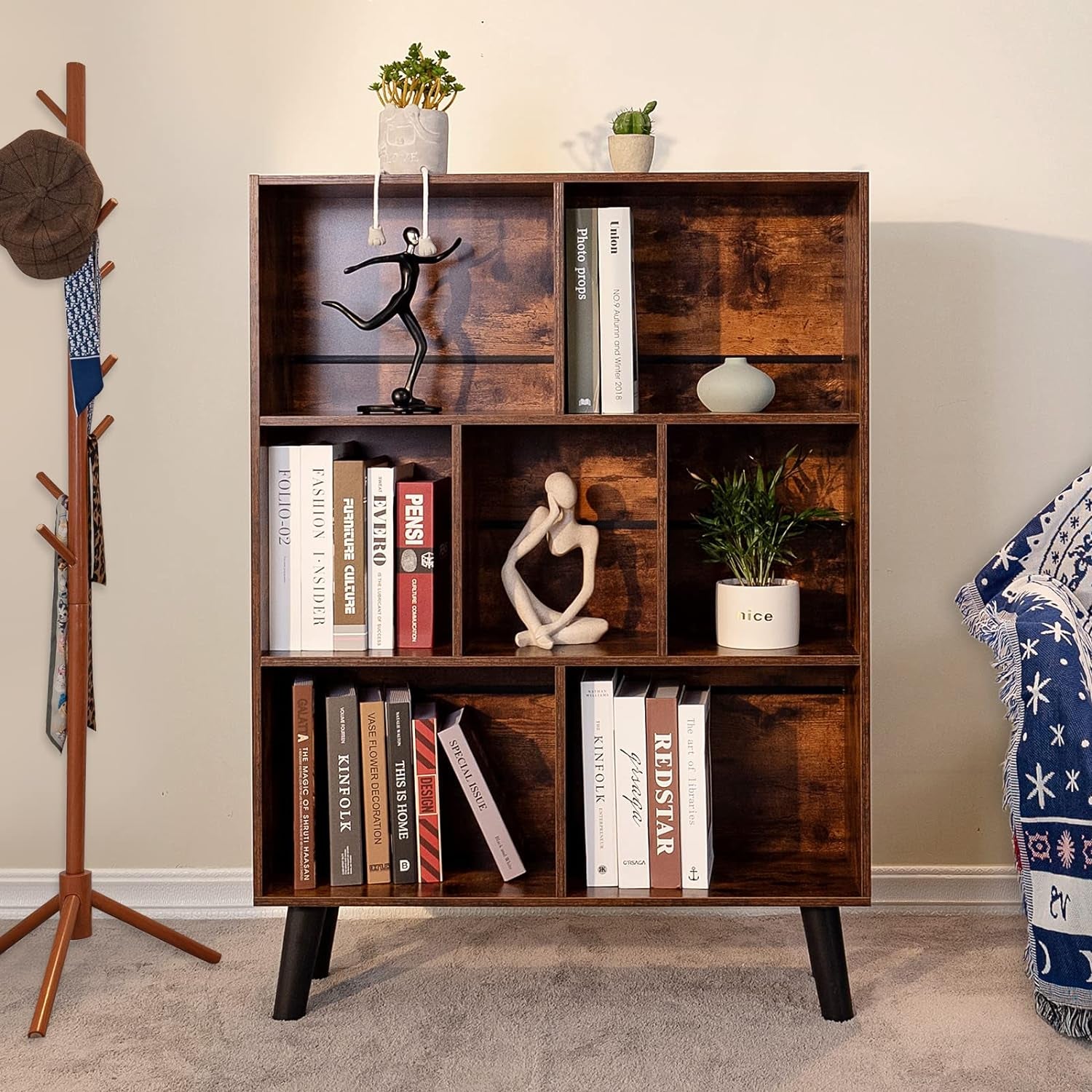 Cube Bookshelf 3 Tier Mid-Century Rustic Brown Modern Bookcase with Legs,Retro Wood Bookshelves Storage Organizer Shelf,Freestanding Open Book Shelves for Bedroom,Living Room,Office