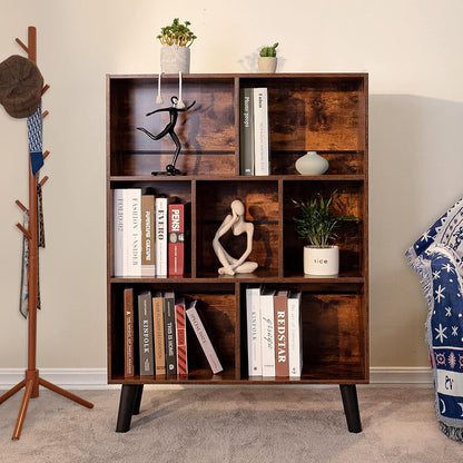 Cube Bookshelf 3 Tier Mid-Century Rustic Brown Modern Bookcase with Legs,Retro Wood Bookshelves Storage Organizer Shelf,Freestanding Open Book Shelves for Bedroom,Living Room,Office