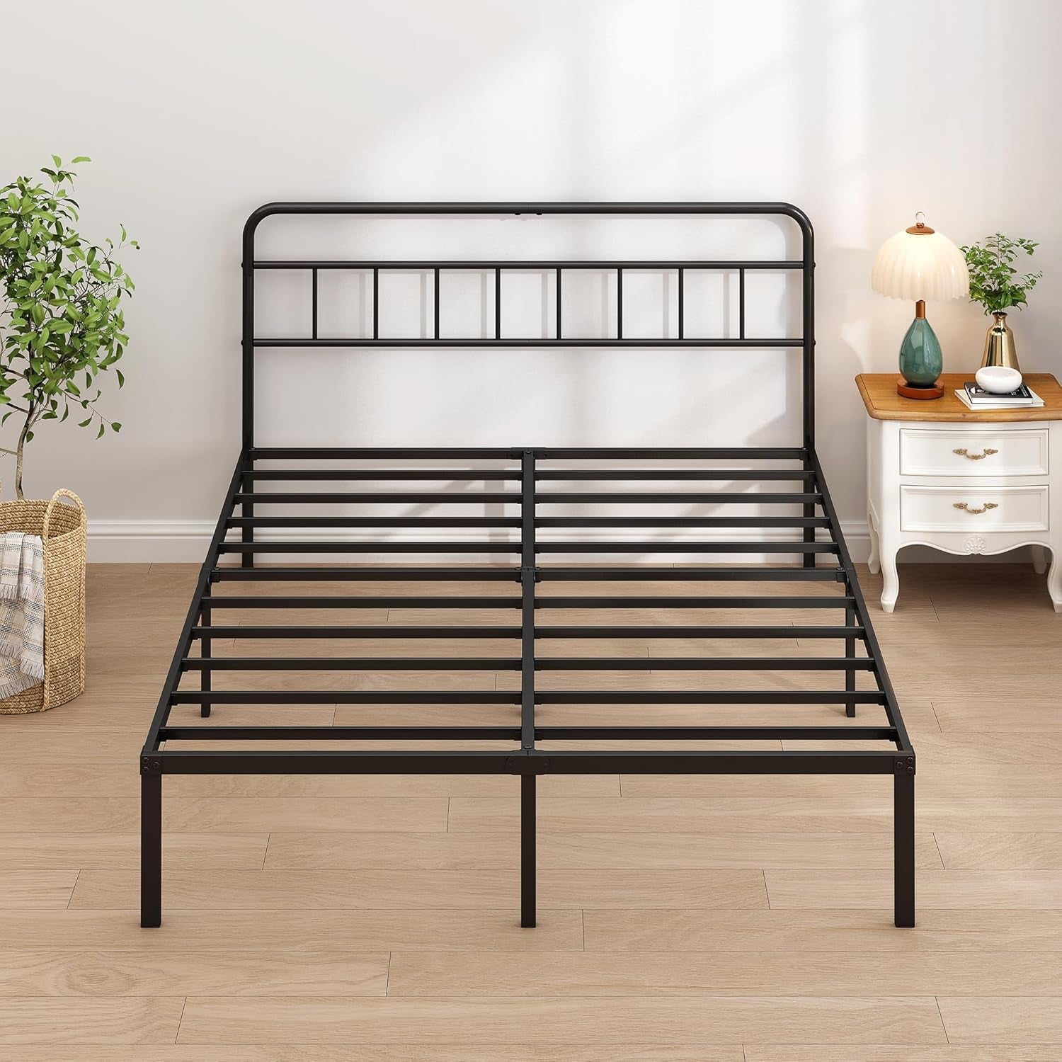 Queen Bed Frame with Classic Headboard,Strong Metal Slats Support,Under Bed Storage Space,No Box Spring Needed,Easy to Assemble,Black