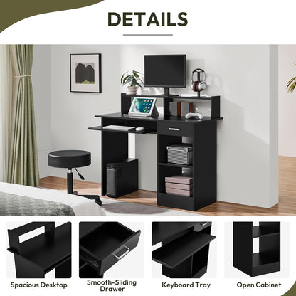 Home Office Wood Computer Desk with Drawers and Pull-Out Keyboard Tray, Study Writing Desk PC Laptop Table with Hutch and Storage Shelves, Modern Workstation, Black