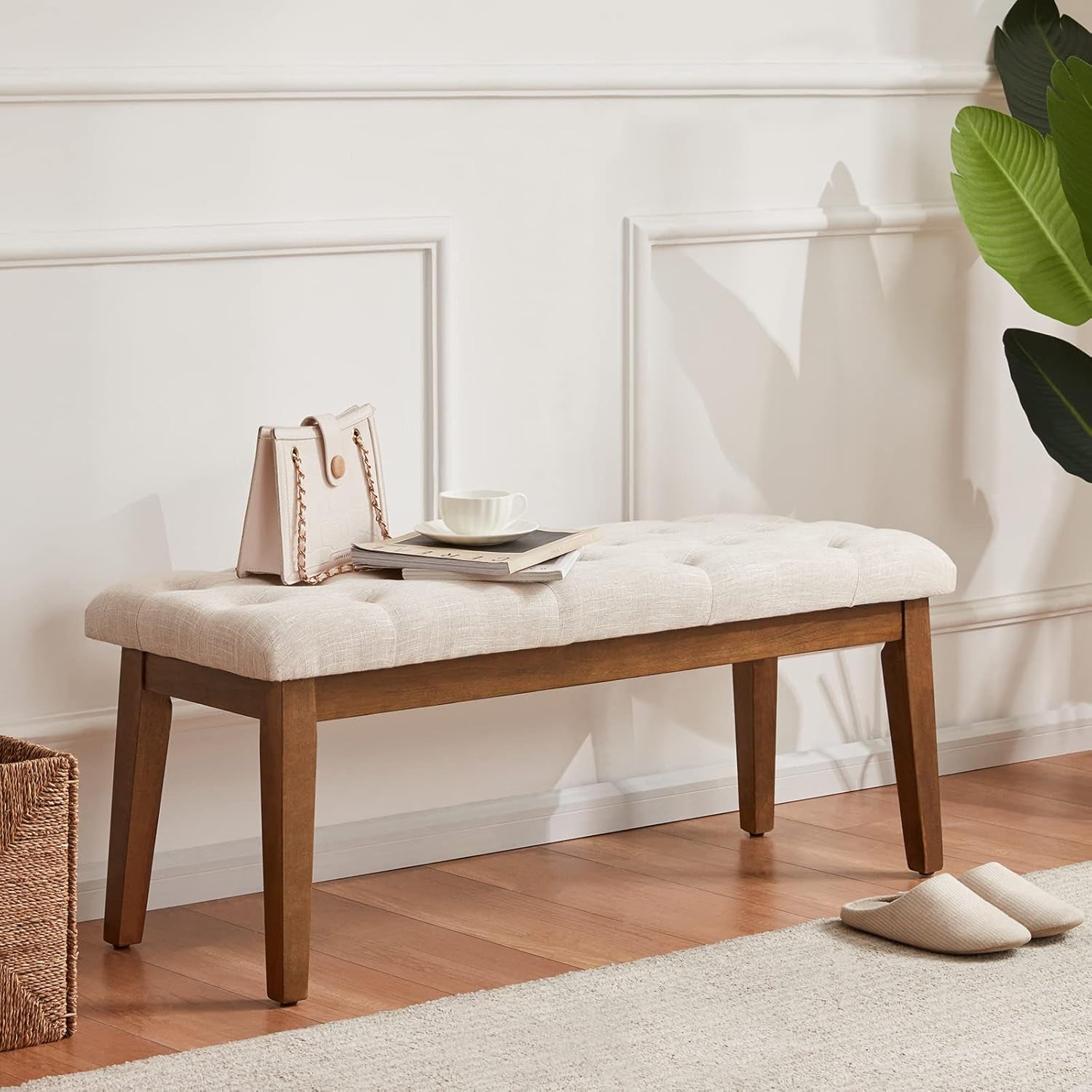 Bedroom Bench for End of Bed, Upholstered Dining Seat for Kitchen, Button-Tufted Ottoman Bench for Entryway and Living Room, Beige