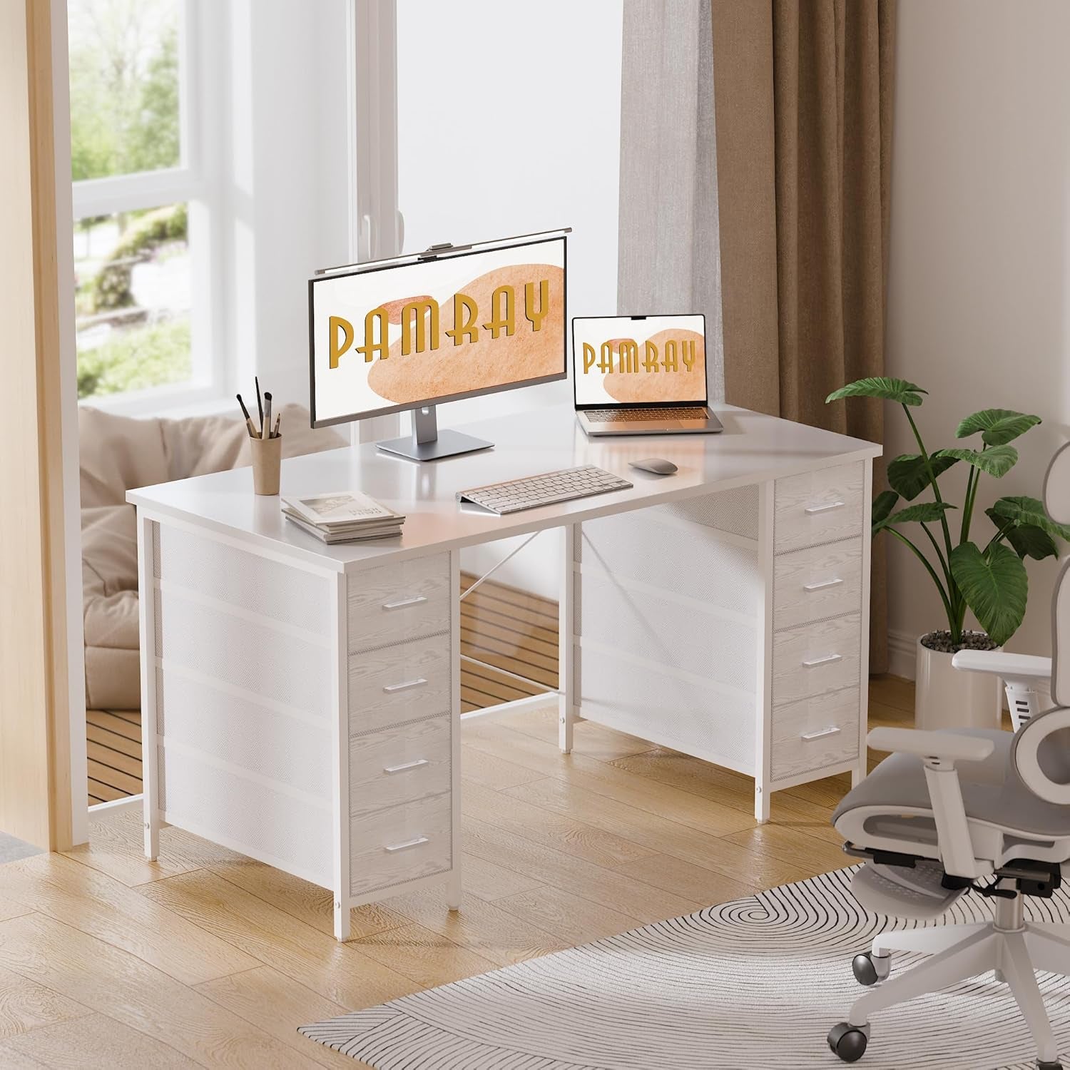 47 Inch Computer Desk with 8 Fabric Drawers PC Gaming Desk Home Office Study Work Writing Table for Bedroom White