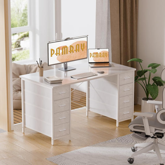 47 Inch Computer Desk with 8 Fabric Drawers PC Gaming Desk Home Office Study Work Writing Table for Bedroom White