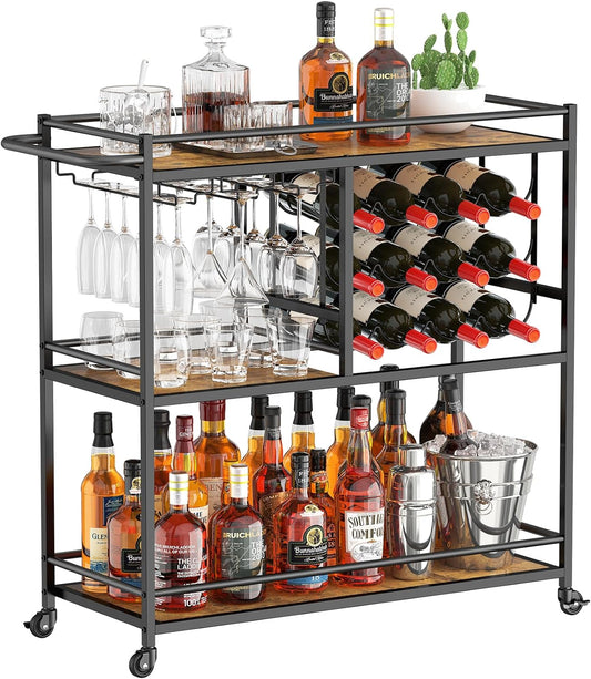 Bar Cart for the Home, 3 Tier Drink Cart with Lockable Wheels, 12 Wine Rack and 3 Rows Glass Holders, Liquor Serving Cart for Kitchen Dining Livingroom, 31.6" X 13.1" X 33.9", Rustic Brown