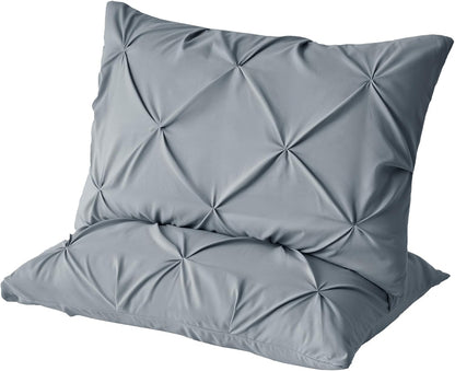 Pintuck Pillow Cases King Size Set of 2, Light Gray Pillow Shams Decorative Pillowcases with Envelope Closure, Pinch Pleated Microfiber Pillowcases, Wrinkle and Stain Resistant