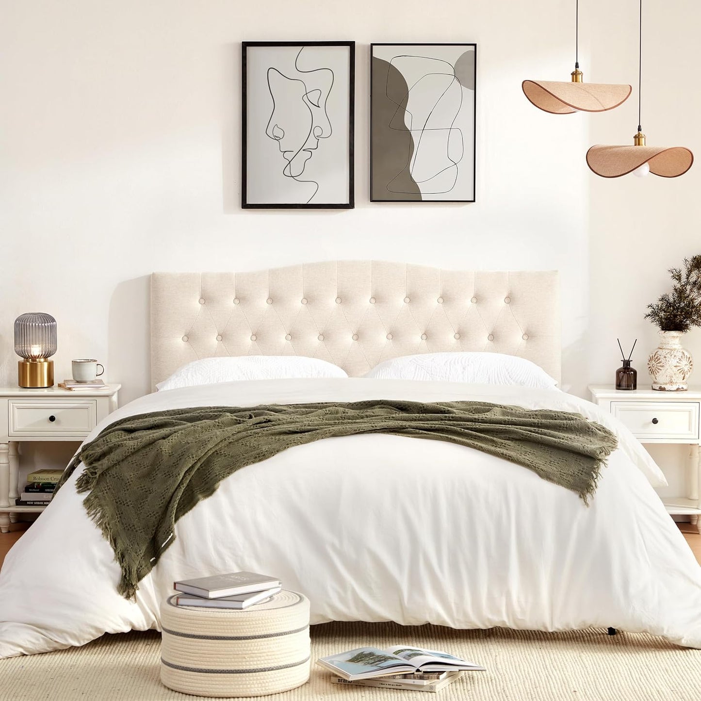 Tufted Upholstered Headboard Queen Size, Sturdy and Durable Solid Wood Bed Headboard, Fabric Headboard Adjustable Height from 37” to 51”, Modern Button Diamond Design Head Board, Beige