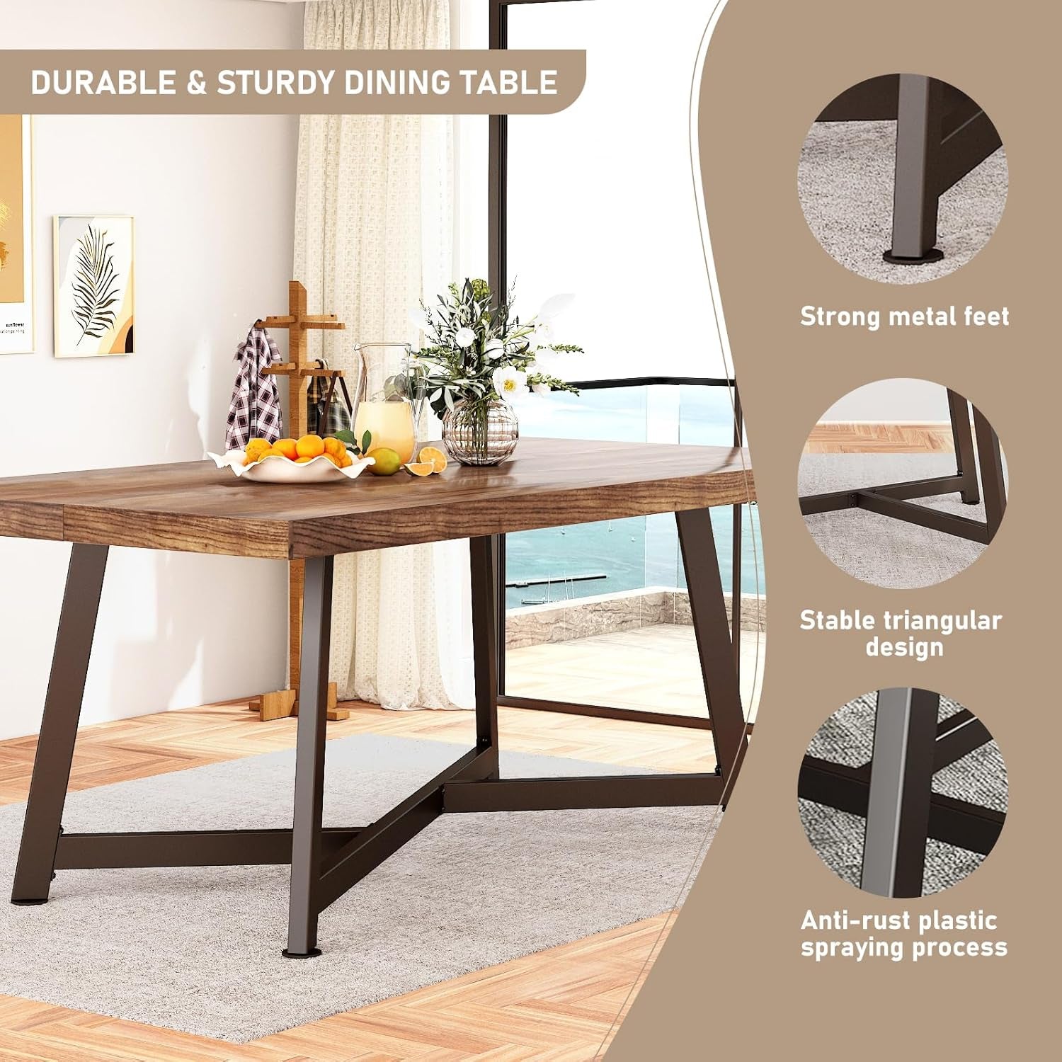 71" Farmhouse Solid Wood Dining Table for 4 6 8 People, Rustic Large Wooden Kitchen Table Rectangular Hardwood Top with Steel Leg X-Base, Home Office Kitchen Furniture, Oak