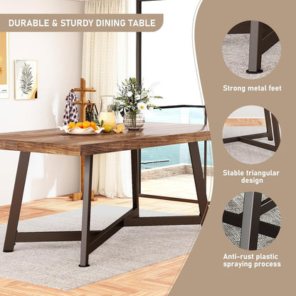 71" Farmhouse Solid Wood Dining Table for 4 6 8 People, Rustic Large Wooden Kitchen Table Rectangular Hardwood Top with Steel Leg X-Base, Home Office Kitchen Furniture, Oak