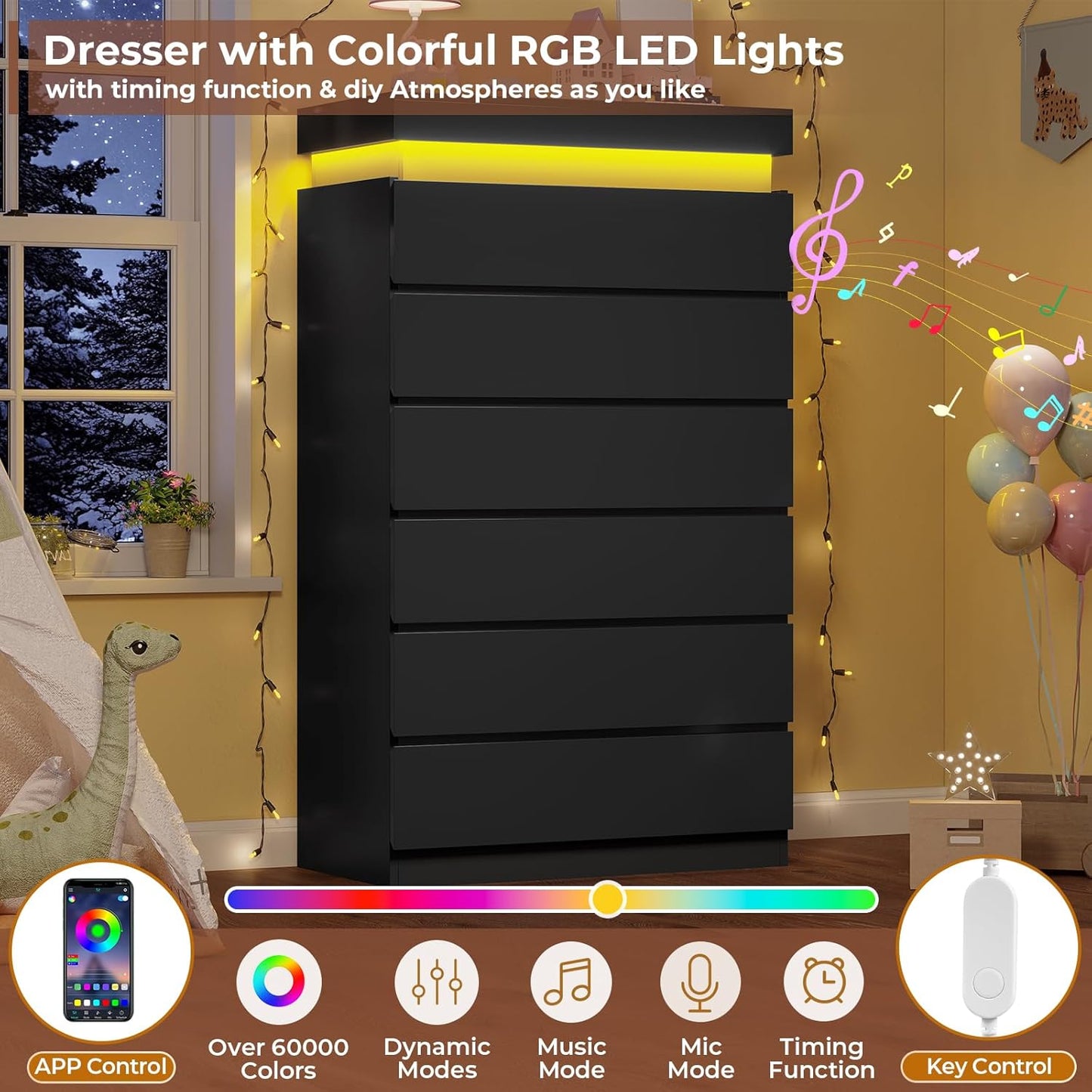 Tall 6 Drawer Dresser with LED Light, Black Modern Chest of Drawers for Bedroom,Closet Dressers with Drawers for Living Room, Entryway, Hallway