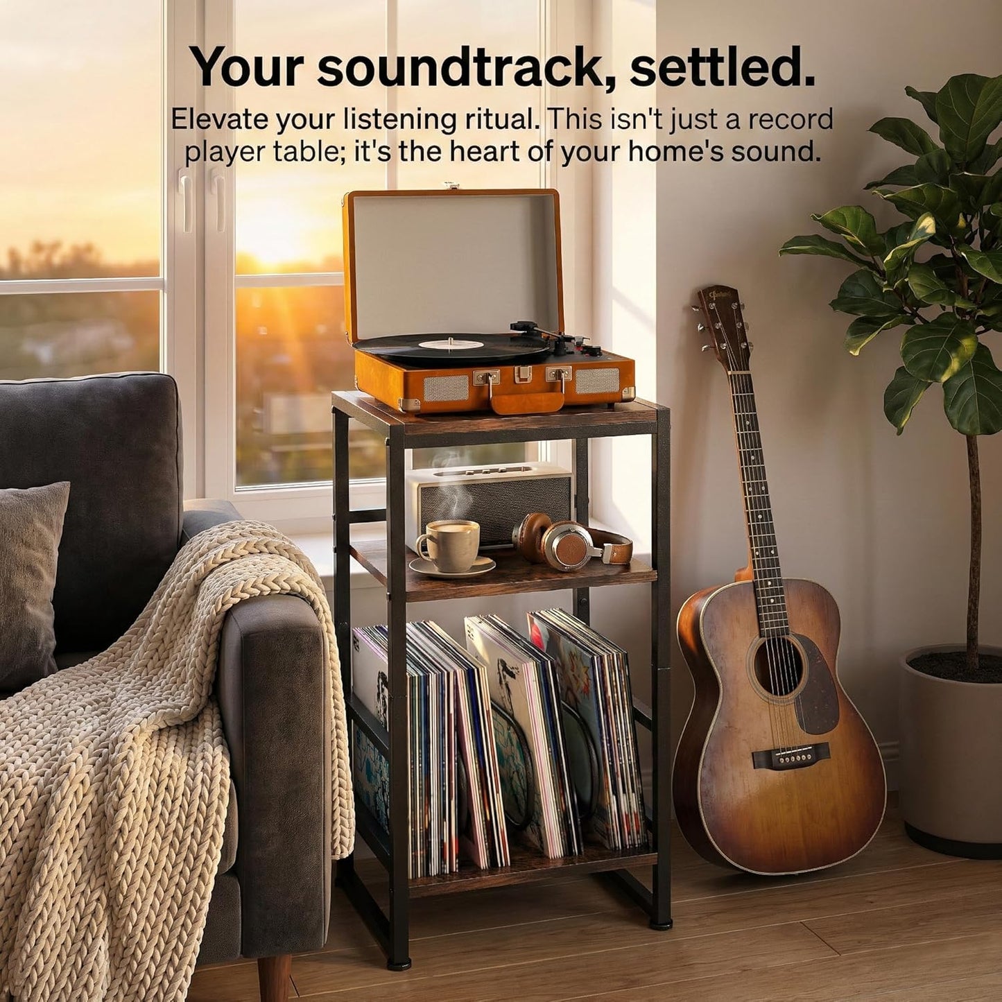 Record Player Stand,3-Tier Record Player Table with U-Shaped Vinyl Storage up to 120 Albums,28" H End Table Turntable Stand with Storage,Record Table Vinyl for Living Room Bedroom
