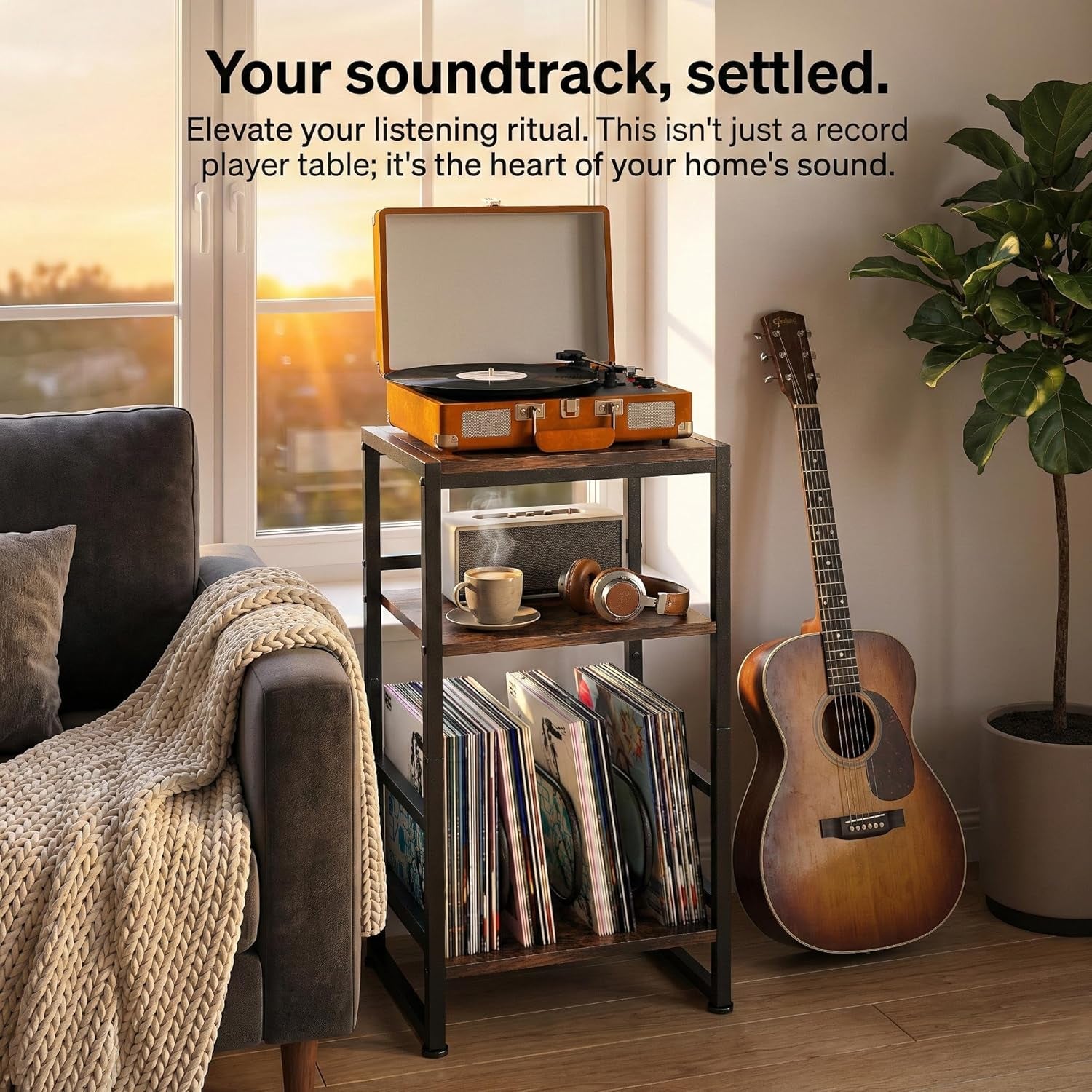 Record Player Stand,3-Tier Record Player Table with U-Shaped Vinyl Storage up to 120 Albums,28" H End Table Turntable Stand with Storage,Record Table Vinyl for Living Room Bedroom