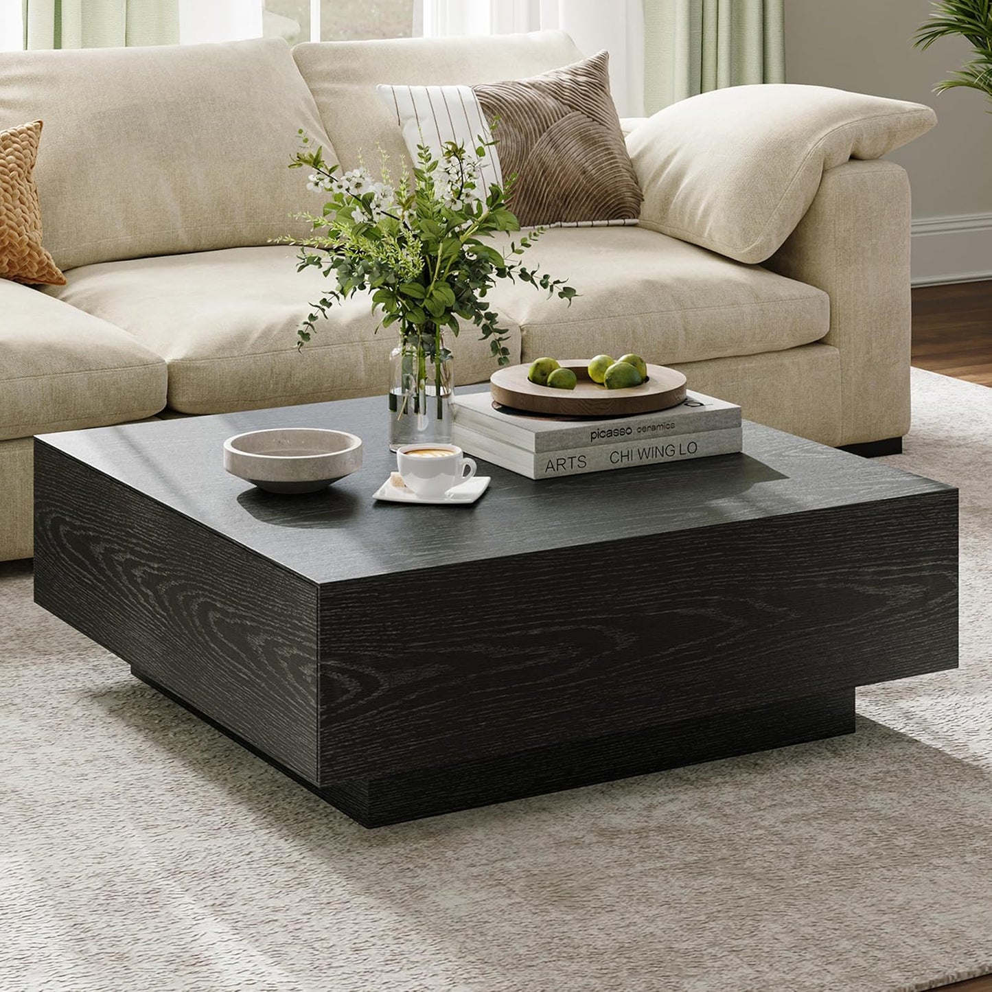 Modern Square Coffee Table with Drawers, 39.37" Wood Coffee Table for Living Room Home Office, Fully-Assembled Black
