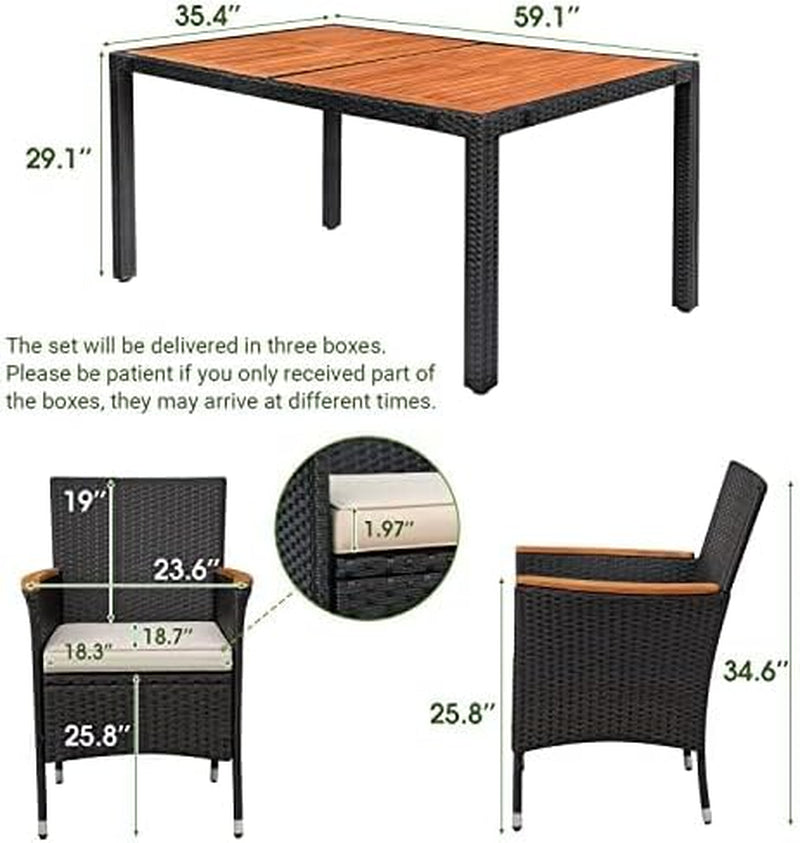 Dining 7 PCS Furniture, Patio Conversation Set with Acacia Wood Table Top, Outdoor, Beige Cushion and Black Rattan