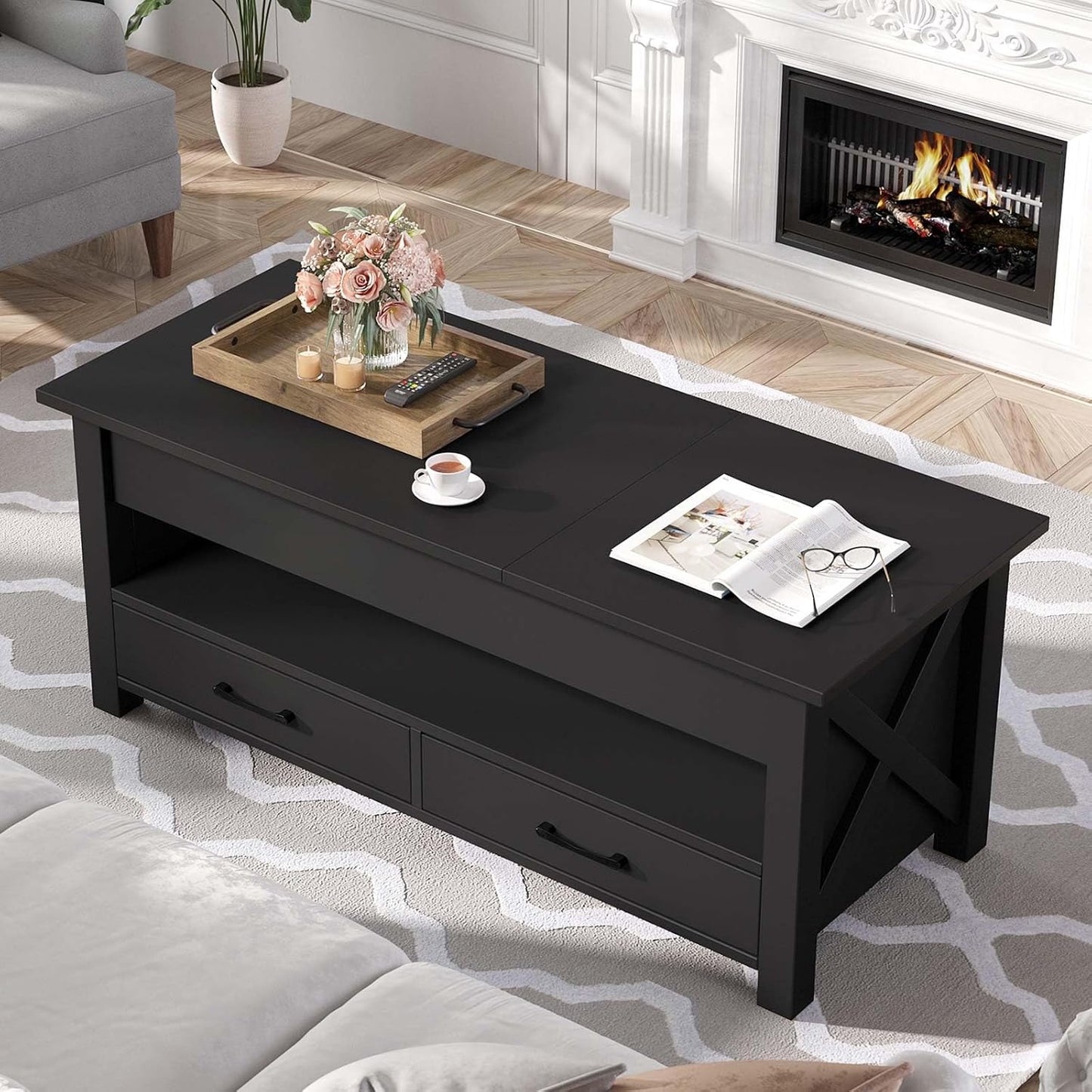 Coffee Table, 47.2" Lift Top Coffee Table with 2 Storage Drawers and Hidden Compartment, X Wood Farmhouse Support, Retro Center Table with Lift Tabletop for Living Room,Black