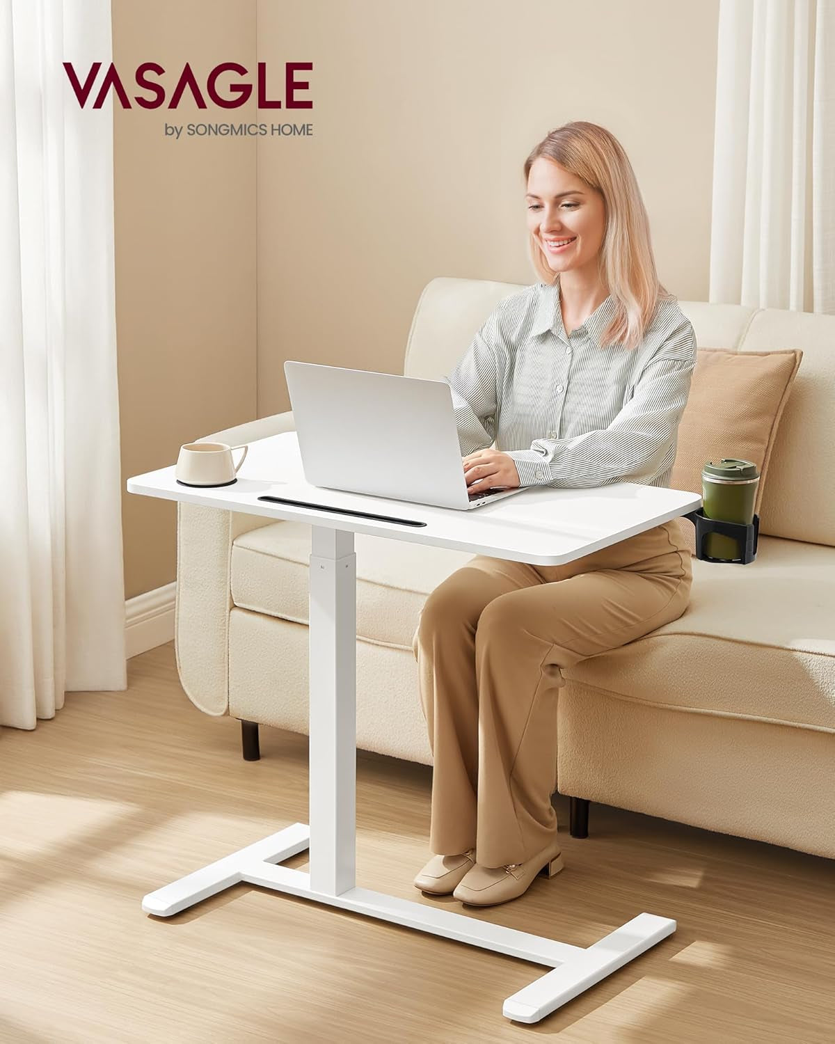 Overbed Table with Wheels, Mobile Standing Computer Desk, 31.5 X 17.7 Inches Tabletop, Adjustable Height, 2 Cup Holders, Phone and Tablet Slot, Cloud White ULSD601W01