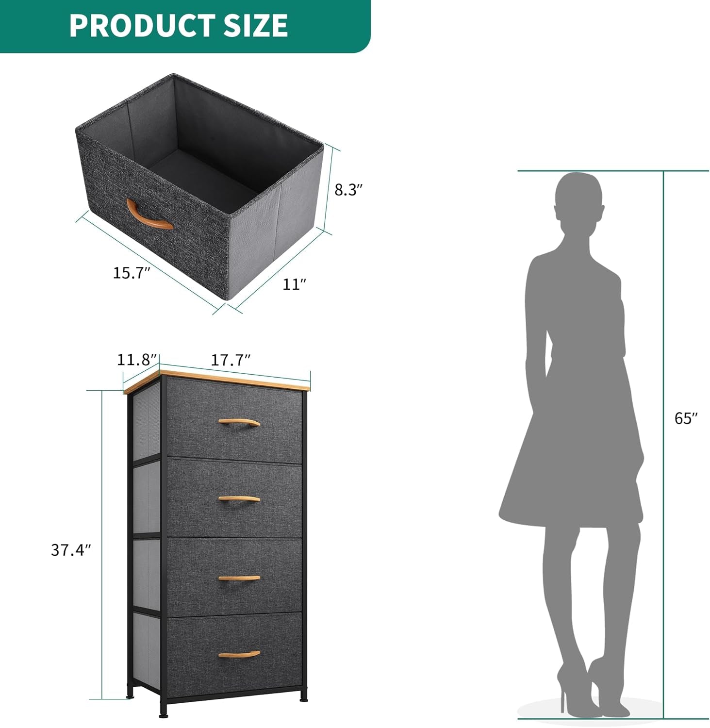 Dresser with 4 Drawers - Fabric Storage Tower, Organizer Unit for Bedroom, Living Room, Hallway, Closets - Sturdy Steel Frame, Wooden Top & Easy Pull Fabric Bins