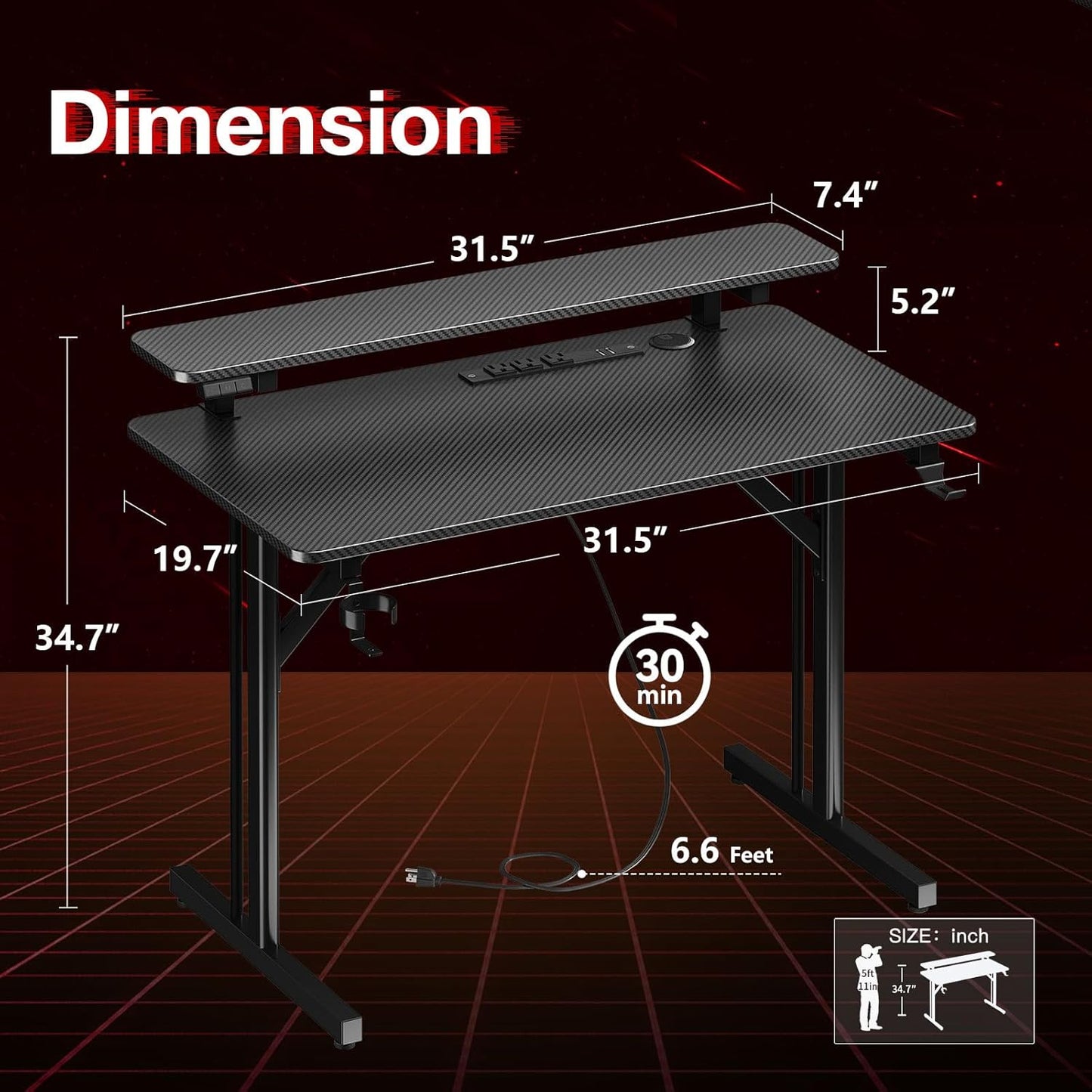 32 Inch Small Gaming Desk with LED Lights & Power Outlets, Computer Desk Gaming Table with Monitor Shelf, Gamer Desk with Carbon Fiber Texture, Kids Boys Desk Gift for Men
