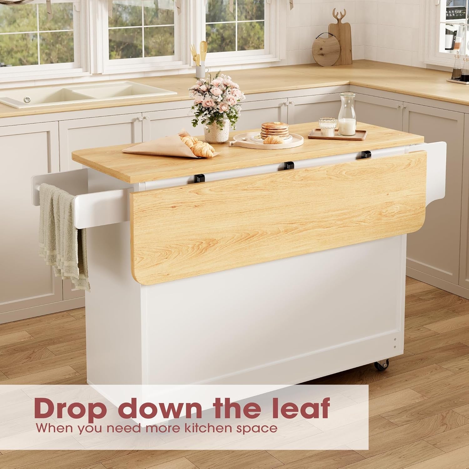 Kitchen Island with Storage, 41.7" Rolling Cart with Drop Leaf, Portable Island Table on Wheels, Spice Rack, Towel Rack and Drawer, White, 41.7" L X 29.5" W