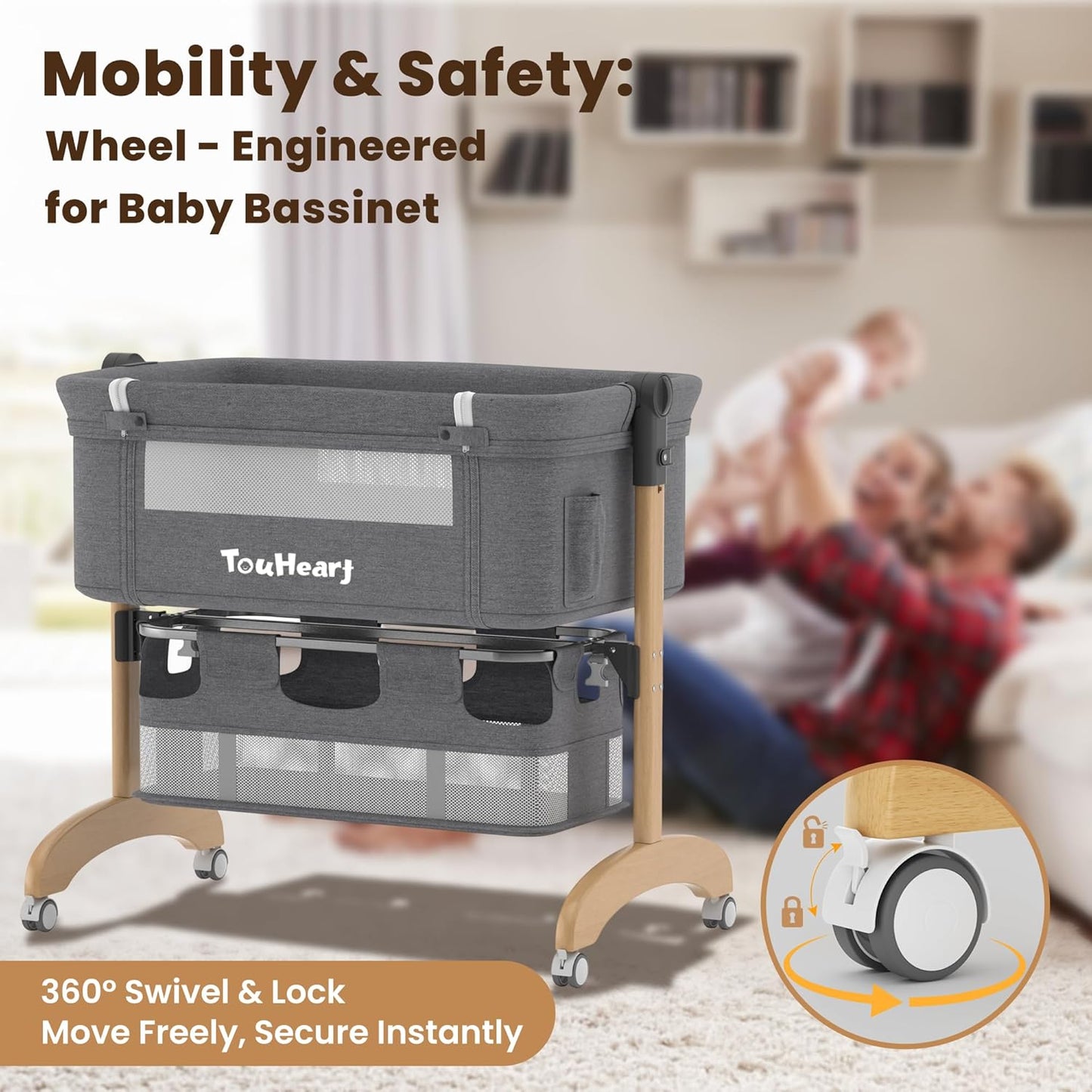 Baby Bassinet, Bedside Bassinet for Baby, 3 in 1 Adjustable Height Bedside Sleeper with Wheels, Breathable Mesh, Easy Folding Portable Crib, Rocking Mode & Storage Basket for Newborn Infants