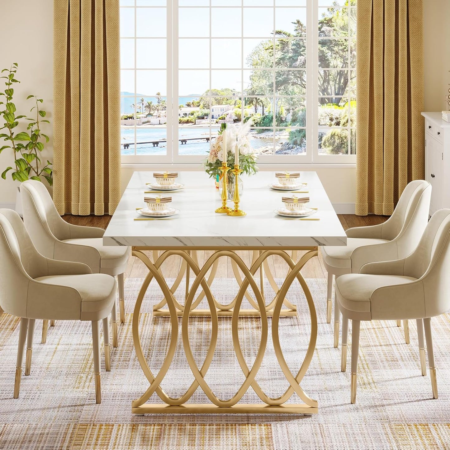 Modern Dining Table, 63" Large Kitchen Table for 4-6 People, Unique Rectangular Dinner Table Kitchen & Dining Room Furniture with Faux Marble Tabletop and Geometric Legs