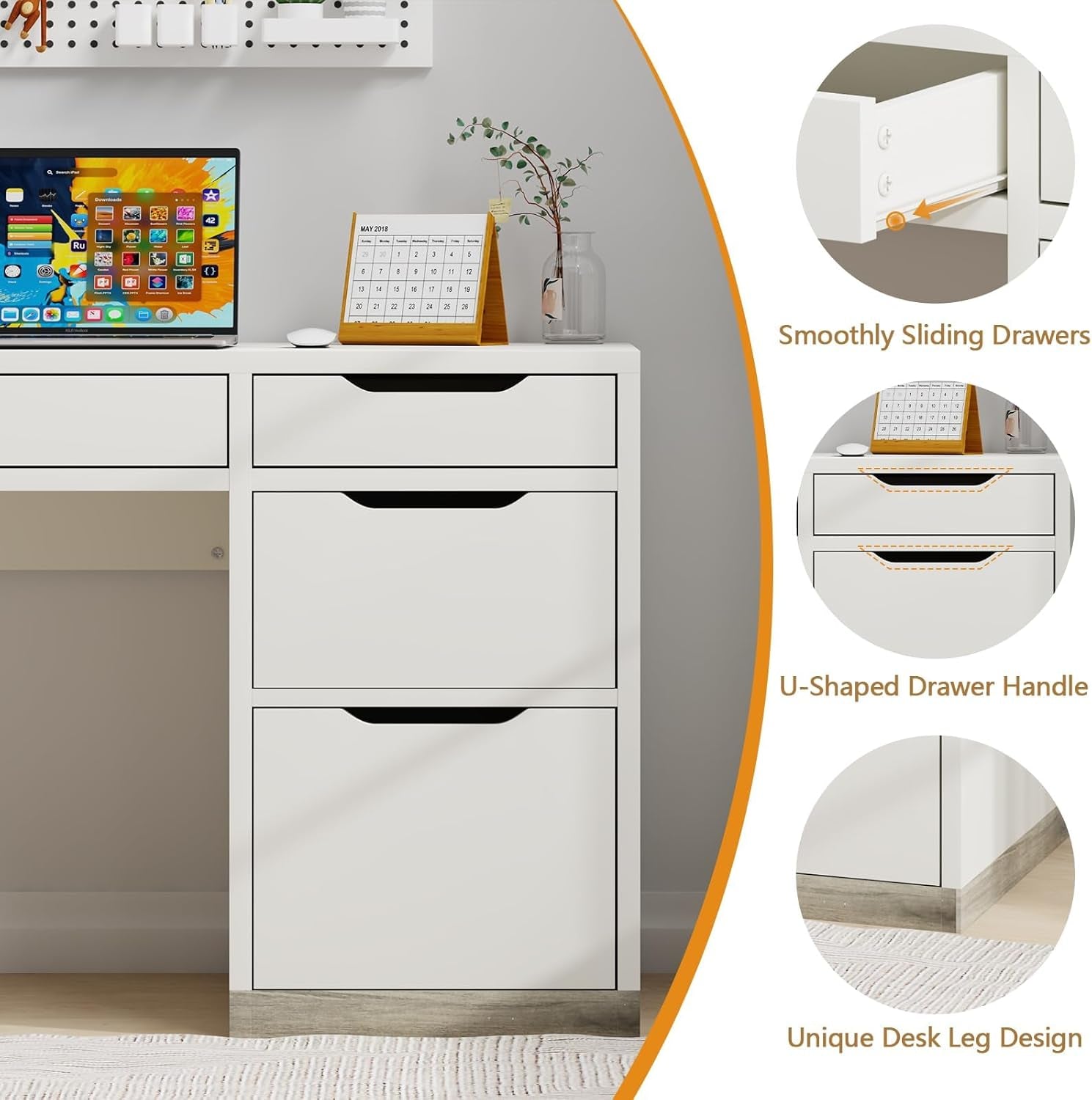 52 Inch White Desk with 4 Drawers, Computer Desk with Storage for Small Spaces with Storage File Cabinet, Small Home Office Desk with Drawers for Bedroom