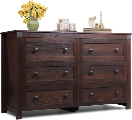 Farmhouse 6 Drawer Dresser for Bedroom, 53.07'' Wide Wood Dresser, Storage Organizer with Double Rustic Handle, TV Stand for 60 Inch TV, Chest of Drawers for Living Room, Hallway, Brown