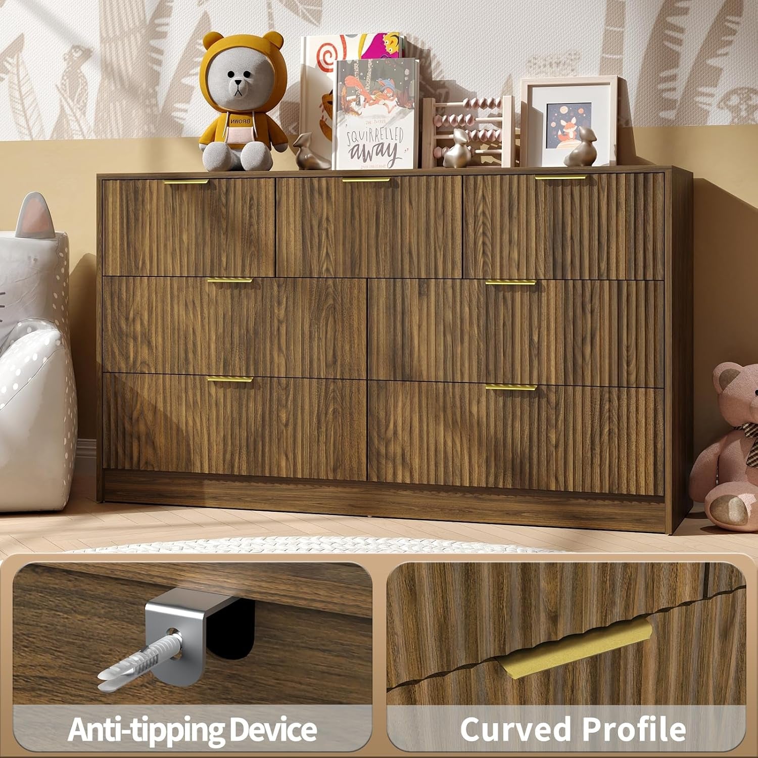 Walnut Dresser Set of 2, Long Dresser for Bedroom Wooden with 14 Drawers, Fluted Modern Bedroom Furniture Set, TV Stand Dressers & Chests of Drawers for Closet (15.7"D X 110.2"W X 31.8"H)