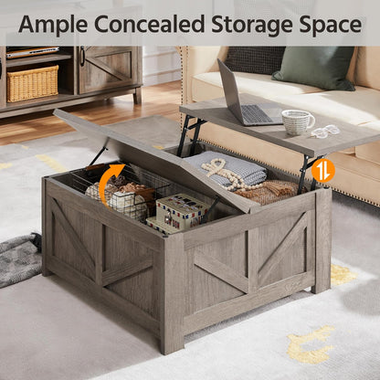 Lift Top Coffee Table, Square Farmhouse Coffee Table with Hidden Storage Compartment, Wood Center Table for Living Room, Home Office, Gray