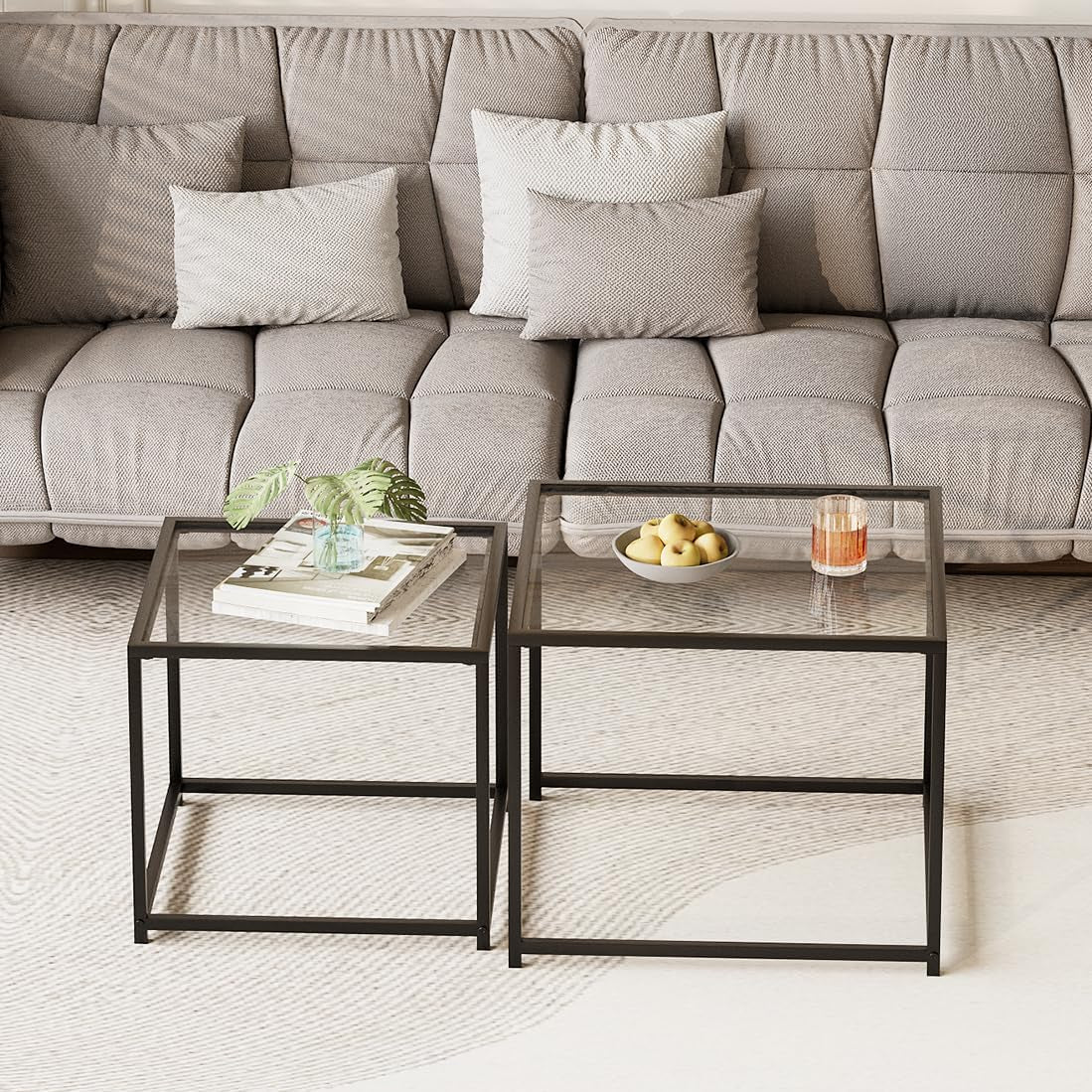 Coffee Table Set of 2, Modern Glass Nesting Table, Metal Frame Square Center Table Set, Side Tables, Nesting Coffee Table for Living Room, Bedroom and Small Spaces, 23.6In Black