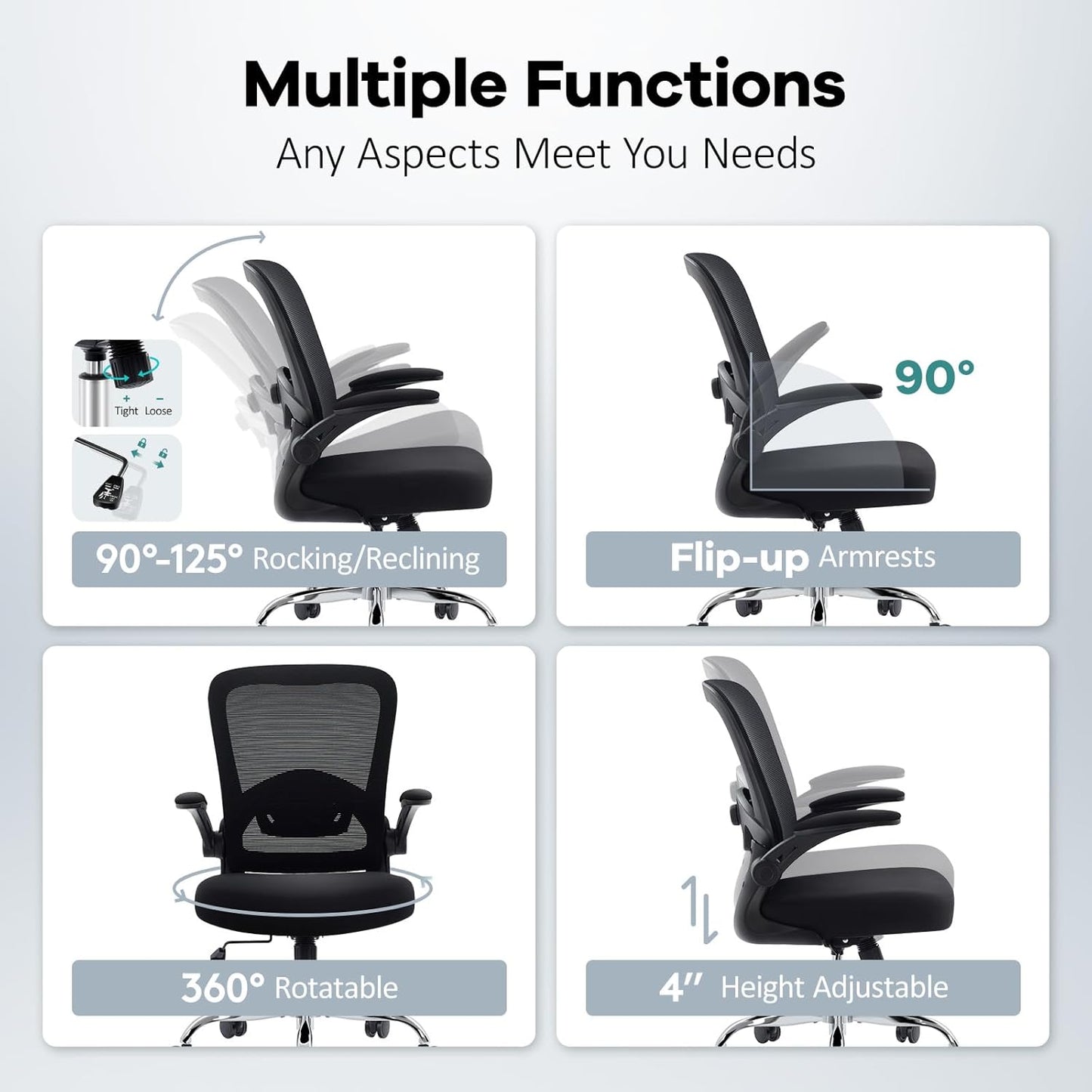 Office Chair,Ergonomic Mesh Desk Chair with Adjustable Lumbar Support,Computer Chair with Flip-Up Armrests, Rolling Executive Chairs, Home Office Chair(Black)