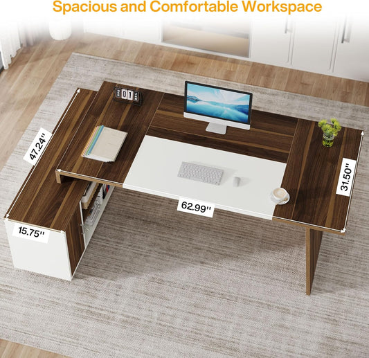 L-Shaped Executive Office Desk, 70.5-Inch Mid-Century Modern Executive Desk with Storage Cabinet and Shelves, Large Computer Desk for Home Office, Brown + White