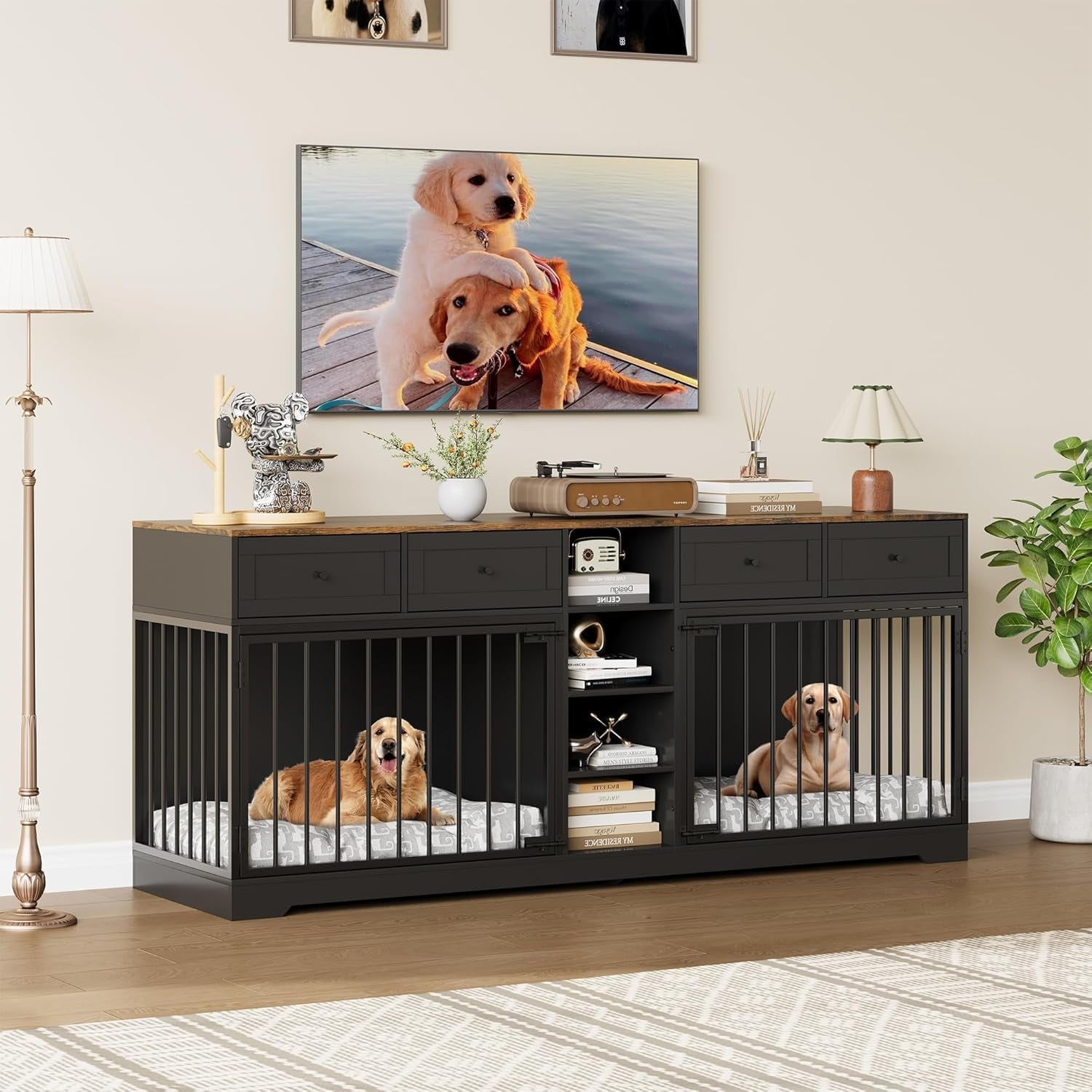 82" Large Dog Crate Furniture for 2 Dogs, Double Dog Crate with 4 Drawers and 4 Shelves, Wooden Dogs Kennel Furniture Large Breed, Indoor Pet Cage TV Stand with Divider, Black