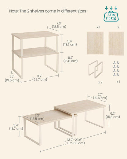 Cabinet Organizer Shelf, Set of 2 Kitchen Counter Shelves, Kitchen Storage, Spice Rack, Stackable, Expandable, Metal and Engineered Wood, Travertine Beige and Cream White UKCS020L01