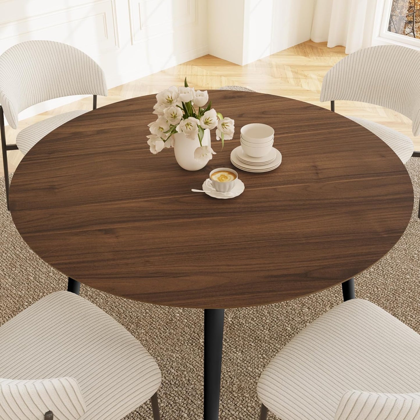 43.3 Inch round Dining Table Set for 4, Modern Small Kitchen Coffee Set for Dining Room Kitchen Apartment (Walnut Table + 4 White Shell Chairs)